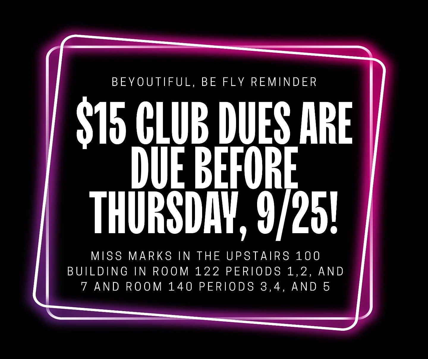 ✨ IMPORTANT ANNOUNCEMENT ✨ 🦋
Thank you to everyone who came to our very first BeYOUtiful, Be Fly meeting, you were AMAZING! 

📅 Next Meeting: Thursday, September 25th (10:56&ndash;11:31am)
🎤 Special guest speaker + snacks 🍪

💰 Club Dues: $15 due