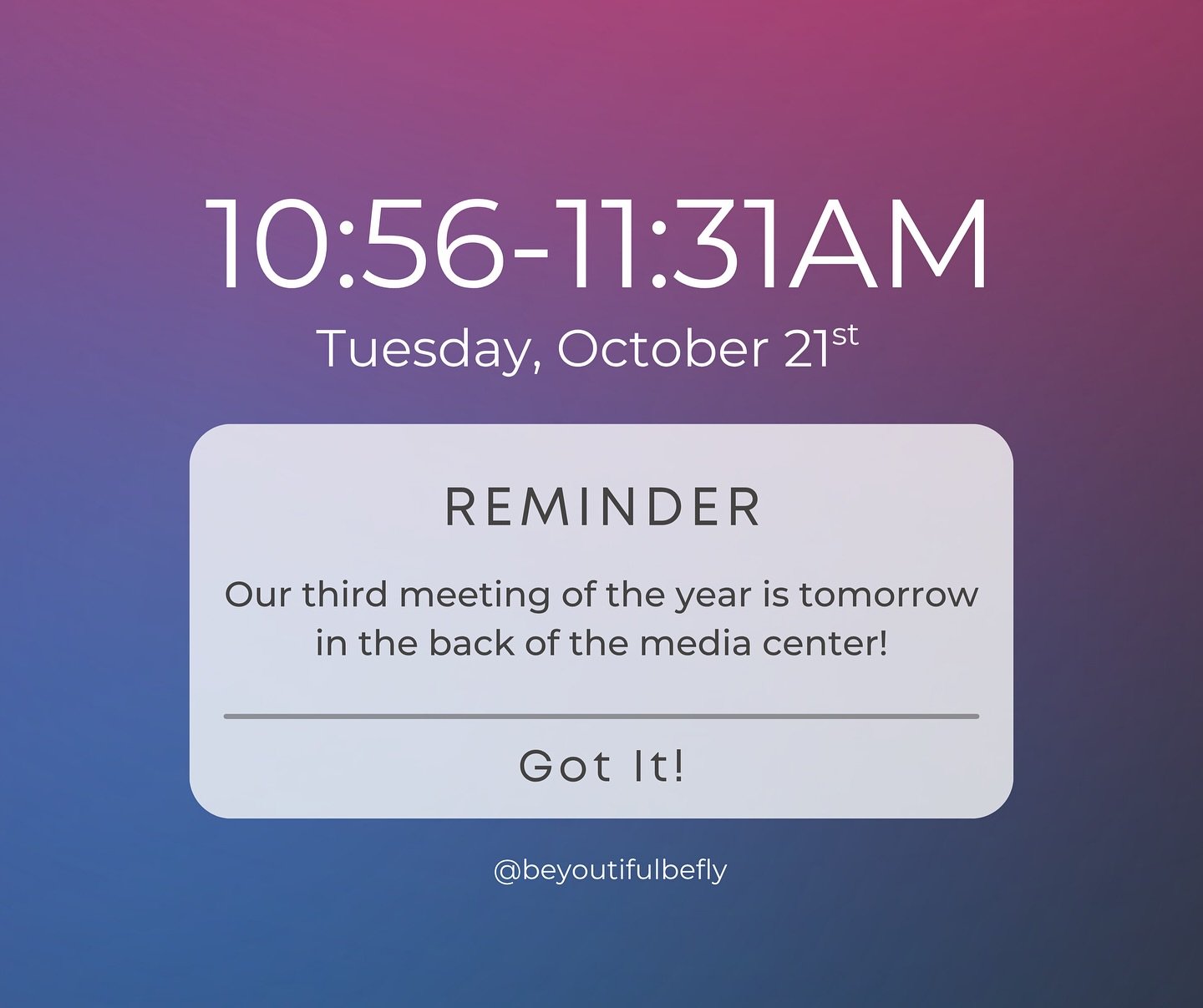 🚨 TOMORROW: BeYOUtiful, Be Fly Meeting! 🚨

Hey everyone,

Don&rsquo;t forget our BeYOUtiful, Be Fly meeting is TOMORROW, Tuesday, October 21st, from 10:56&ndash;11:31 a.m. in the back of the library!

✅ When: TOMORROW Tuesday, October 21st
✅ Time: 