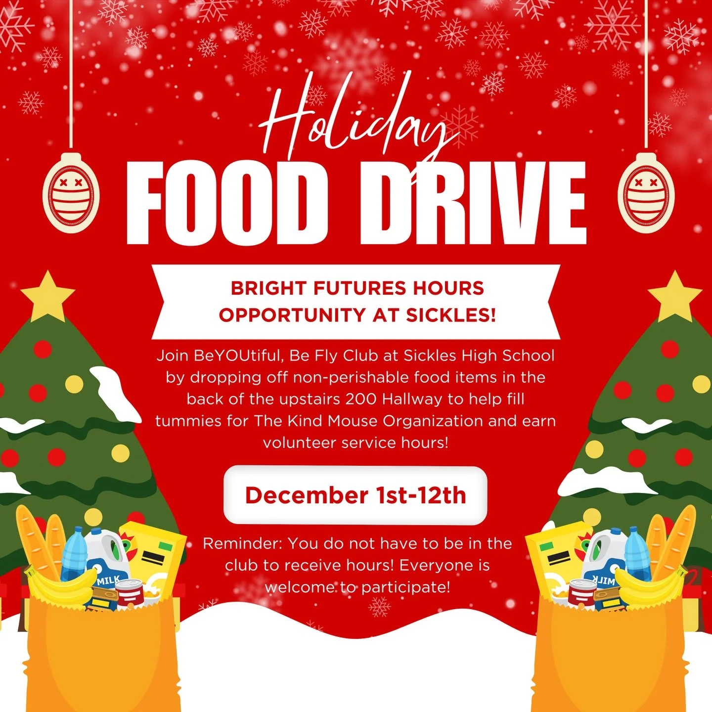 While you&rsquo;re shopping this Thanksgiving break, grab a few non-perishable items for our Holiday Food Drive. 🛒
Drop off donations Dec 1&ndash;12 in the upstairs 200 hallway bin or Miss Marks&rsquo; room.
4 items = 1 Bright Futures hour (max 5 ho