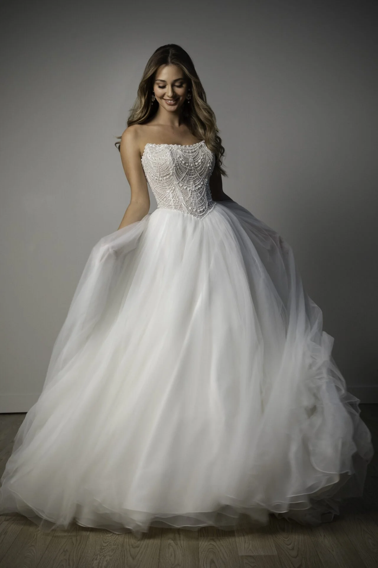 Stella York 8312 pearl and tulle ballgown wedding dress with basque waist