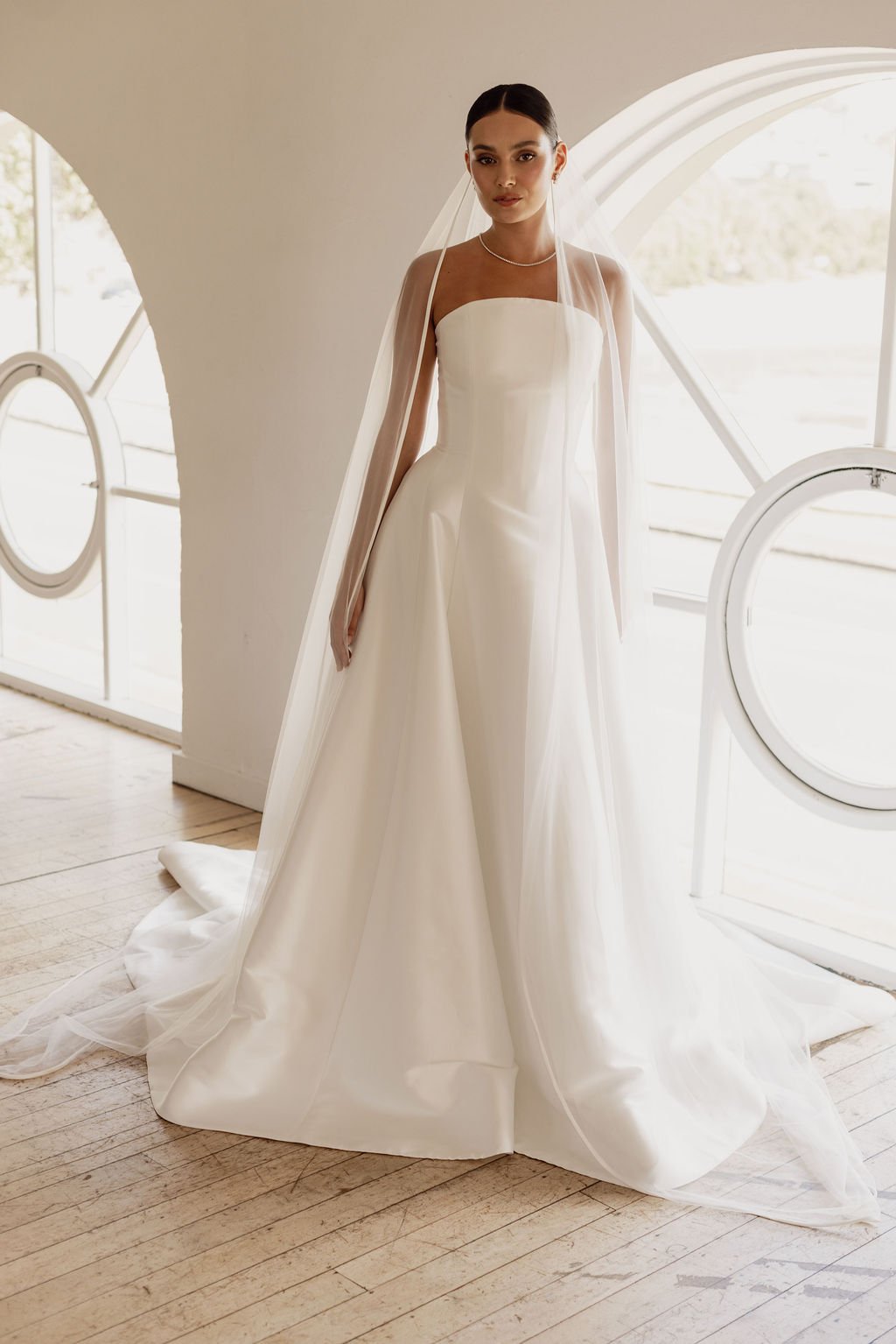 trish peng opal crescent neckline satin a-line wedding dress