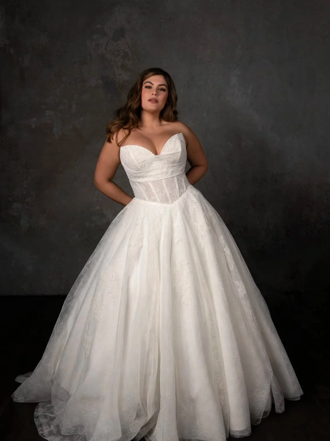 essense of australia D4270 plus size wedding dress with chantilly lace and structured bodice