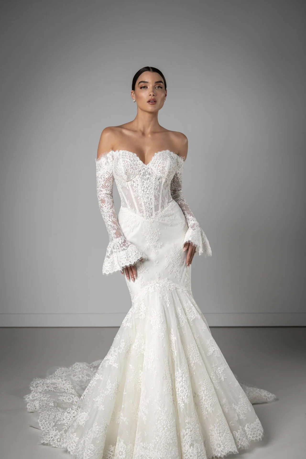 martina liana luxe le1427 chantilly lace mermaid wedding gown with detachable long belle sleeves