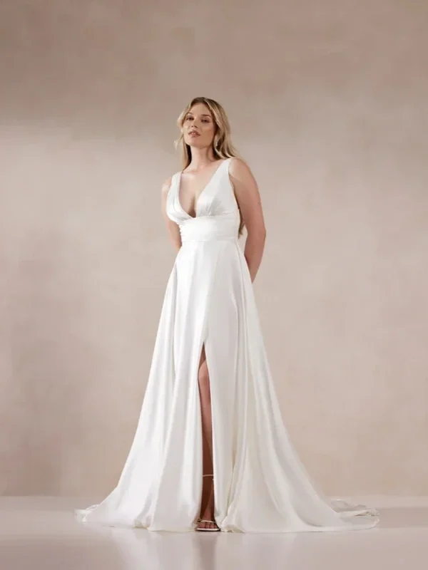 adore by justin alexander phaedra charmeuse a-line wedding dress with leg split