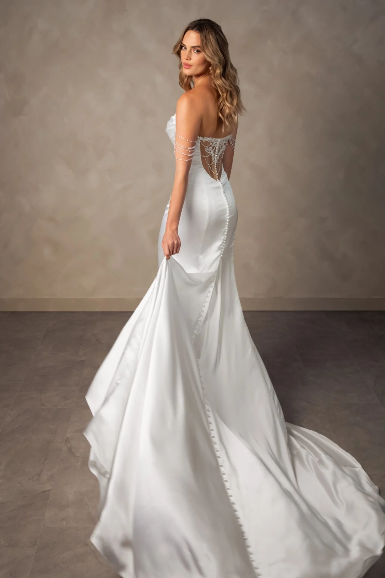 Essense of australia d4607 fitted wedding dress with pearl detail and unique back