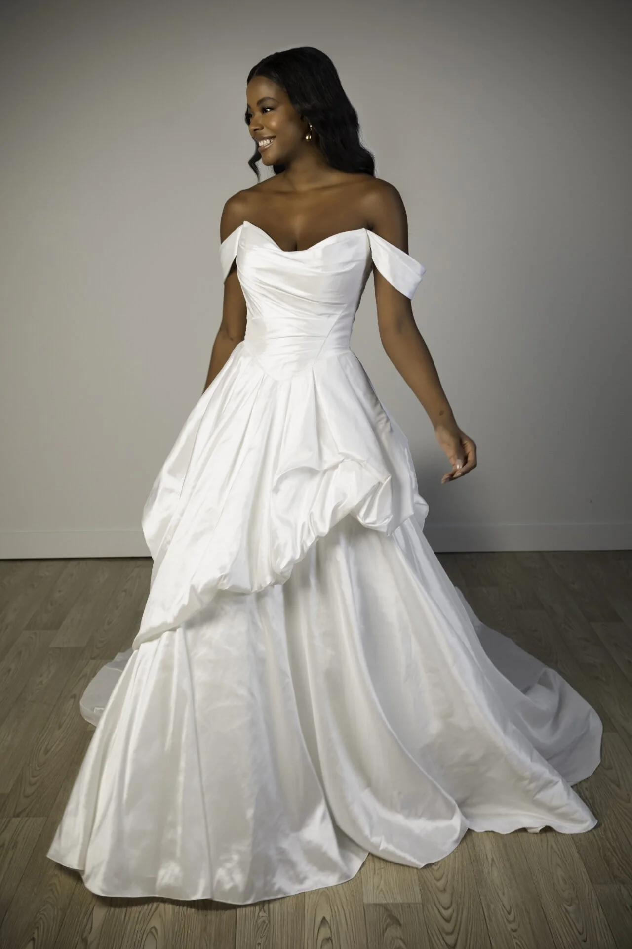Stella York 8309 Layered satin ballgown wedding dress with basque waist and off the shoulder straps