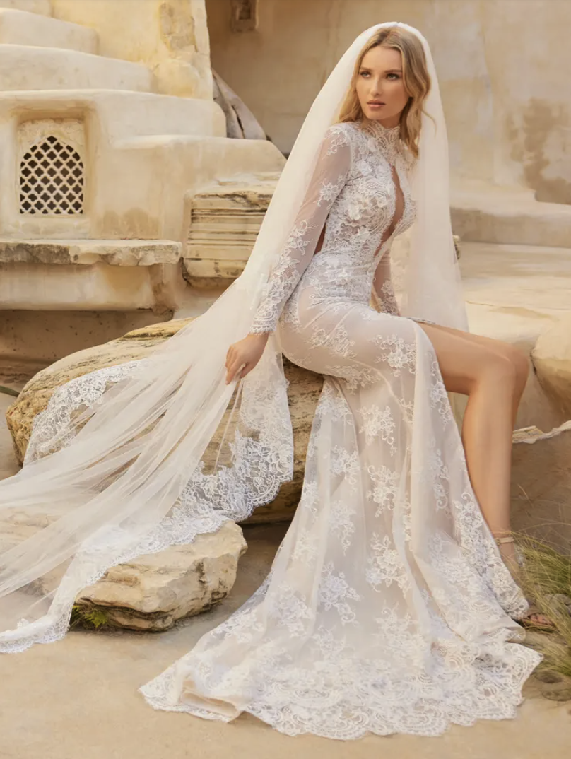 house of idan cohen arlene lace fitted long sleeve wedding dress