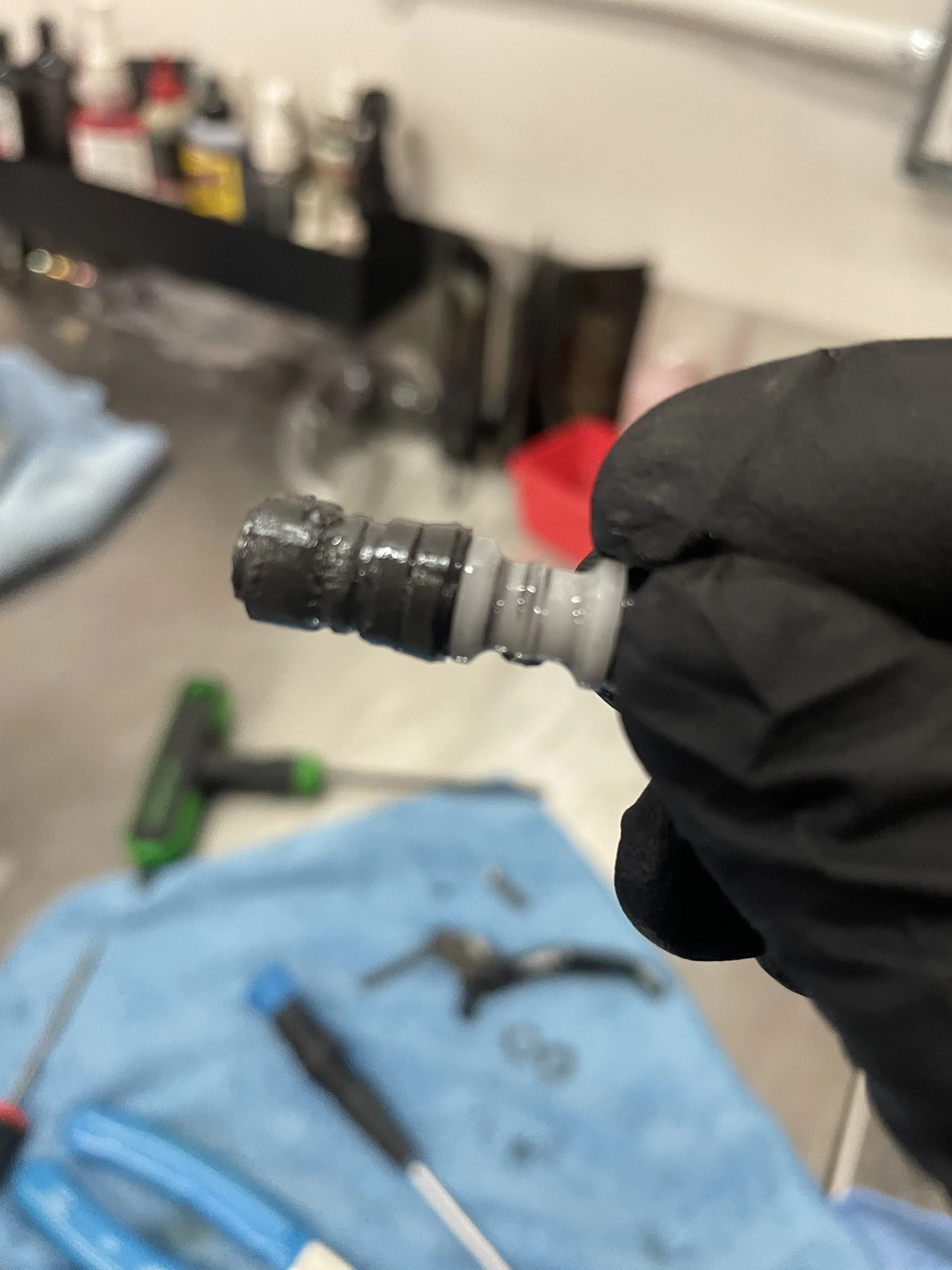  The piston swells over time, and especially if exposed to heat like direct sunlight. The black deposits are and buildup show where heavy friction is occurring in the master cylinder with each squeeze of the lever. 