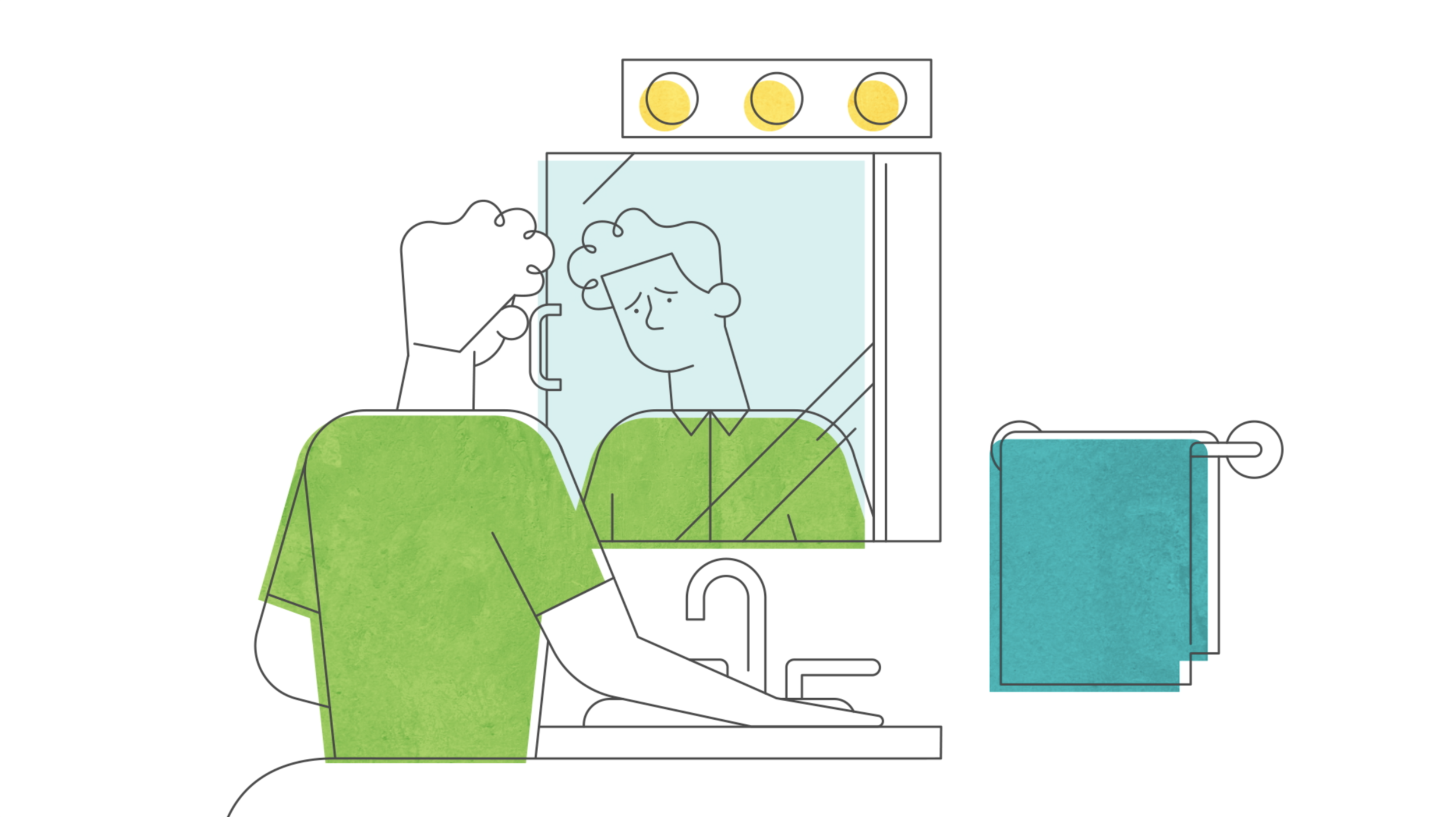Animation of someone in pain, looking in the mirror