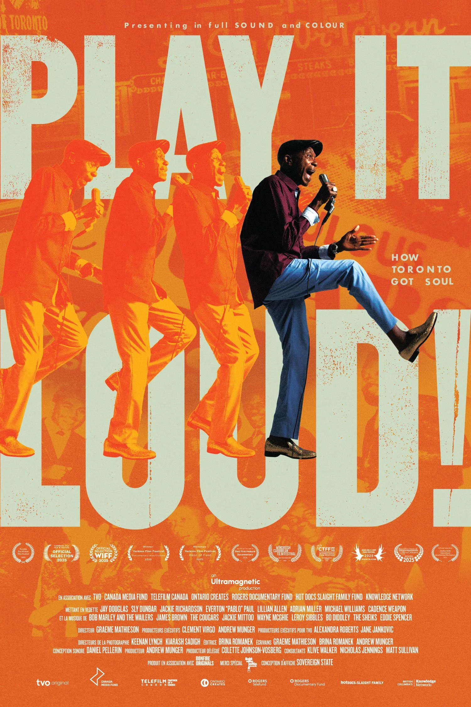 Poster for the documentary "Paysit" featuring a man singing into a microphone with four smaller, monochromatic images of him singing behind, set against an orange background with text detailing credits and awards.