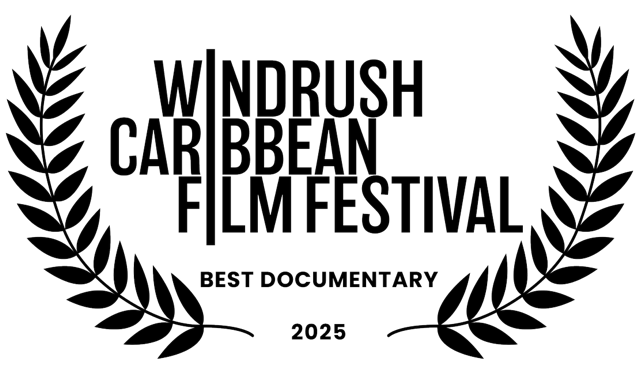 Logo for the Windrush Caribbean Film Festival, 2025, featuring a laurel wreath and text indicating it is a best documentary award.
