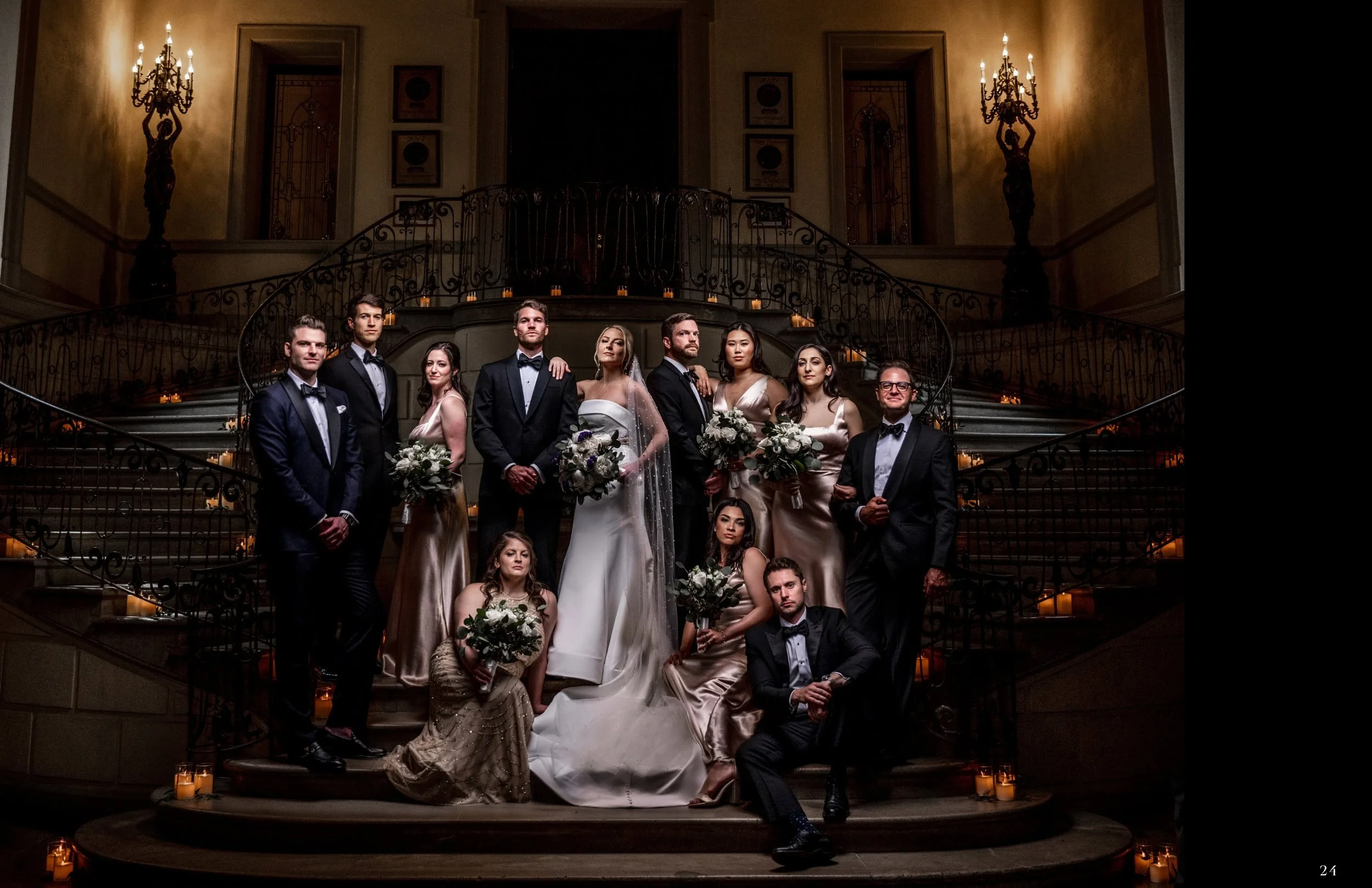 bridal party Oheka Castle staircase