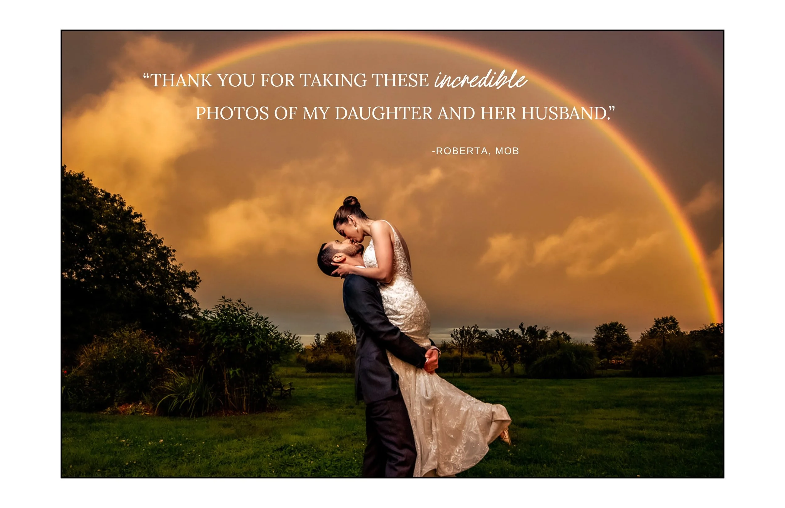 Rainbow over groom lifting bride, they are kissing