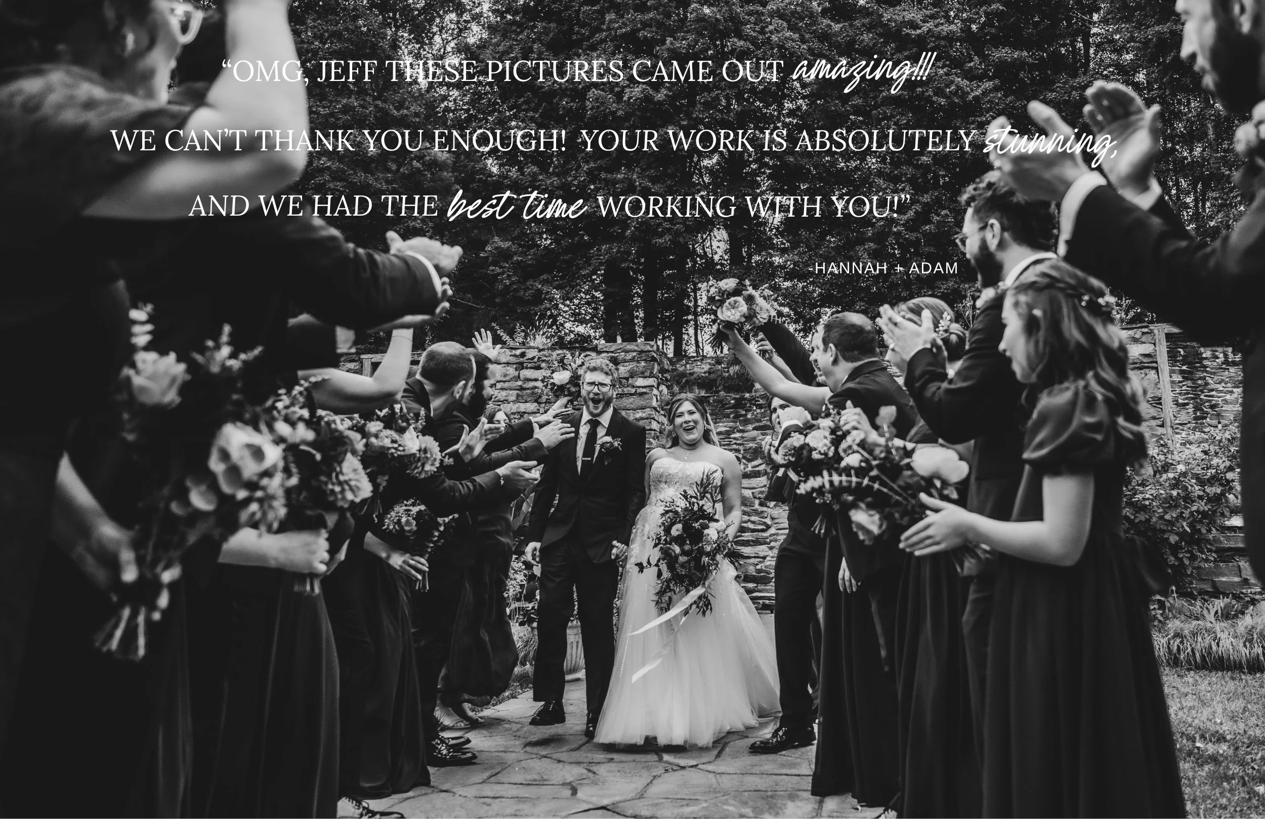 Bride and groom walk through a wedding party aisle with excitement