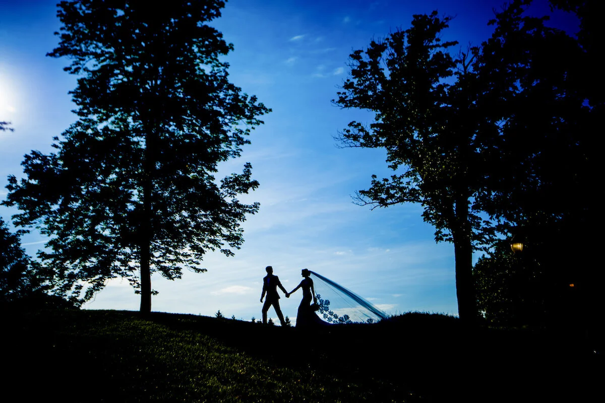 Shadow of bride, groom and trees with blue skies in focus