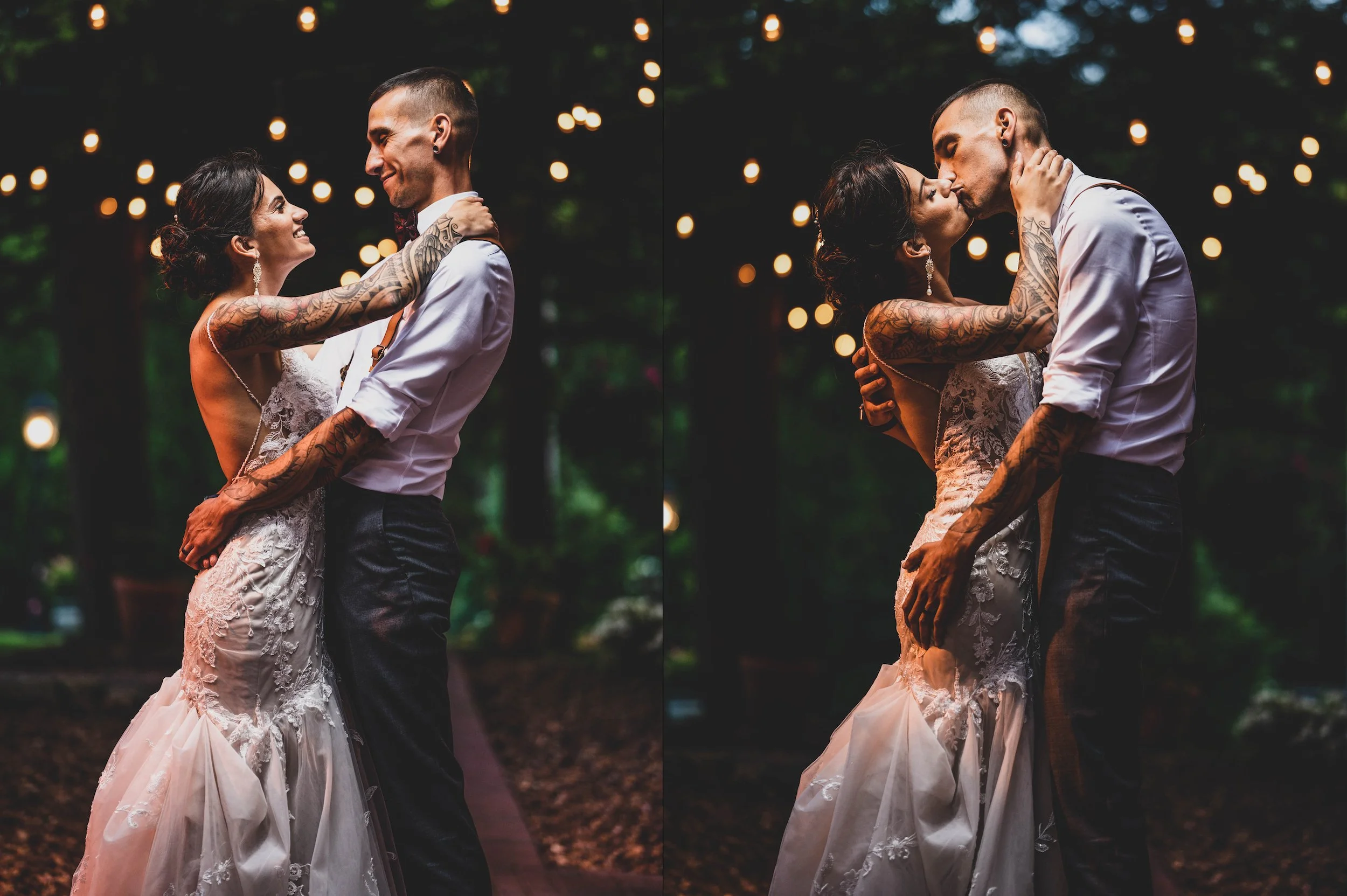 Bride and groom embrace with starlight backdrop
