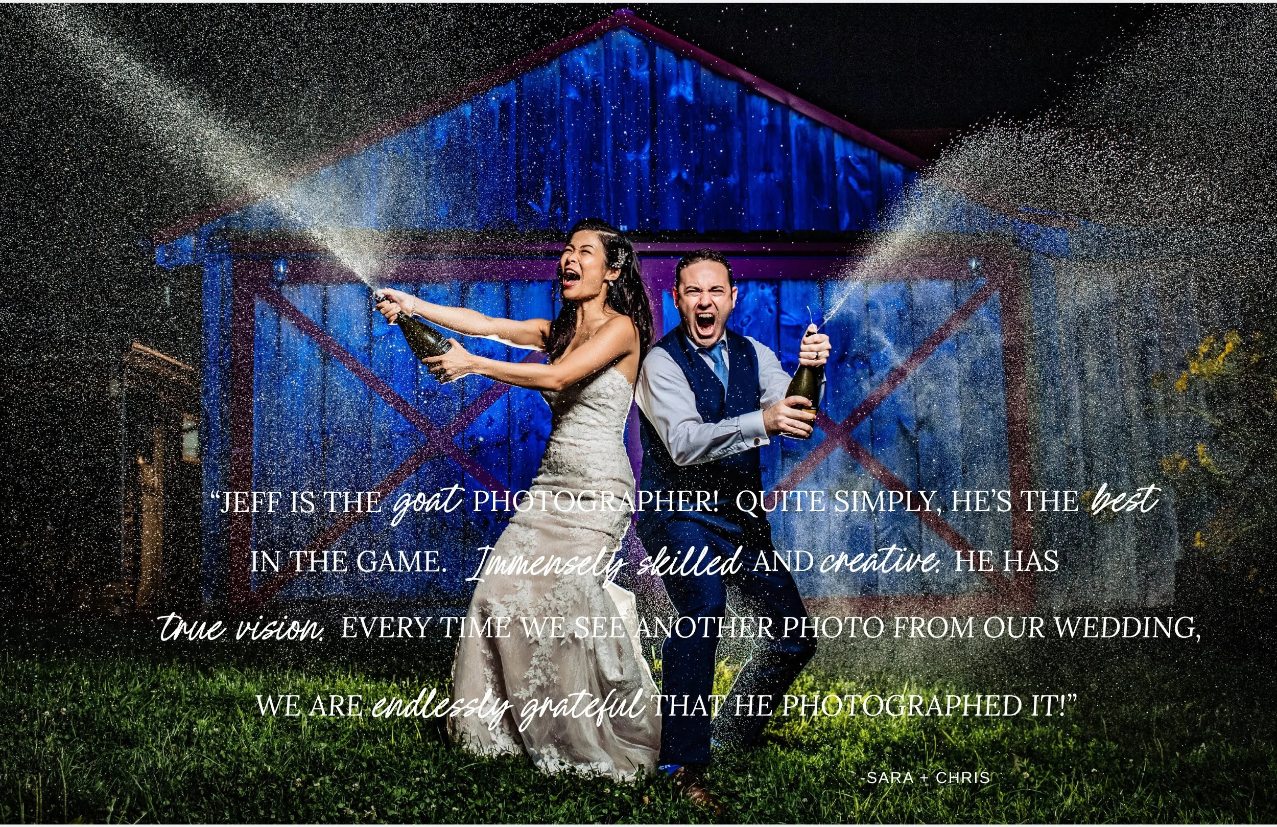 bride and groom spray champagne with excitement