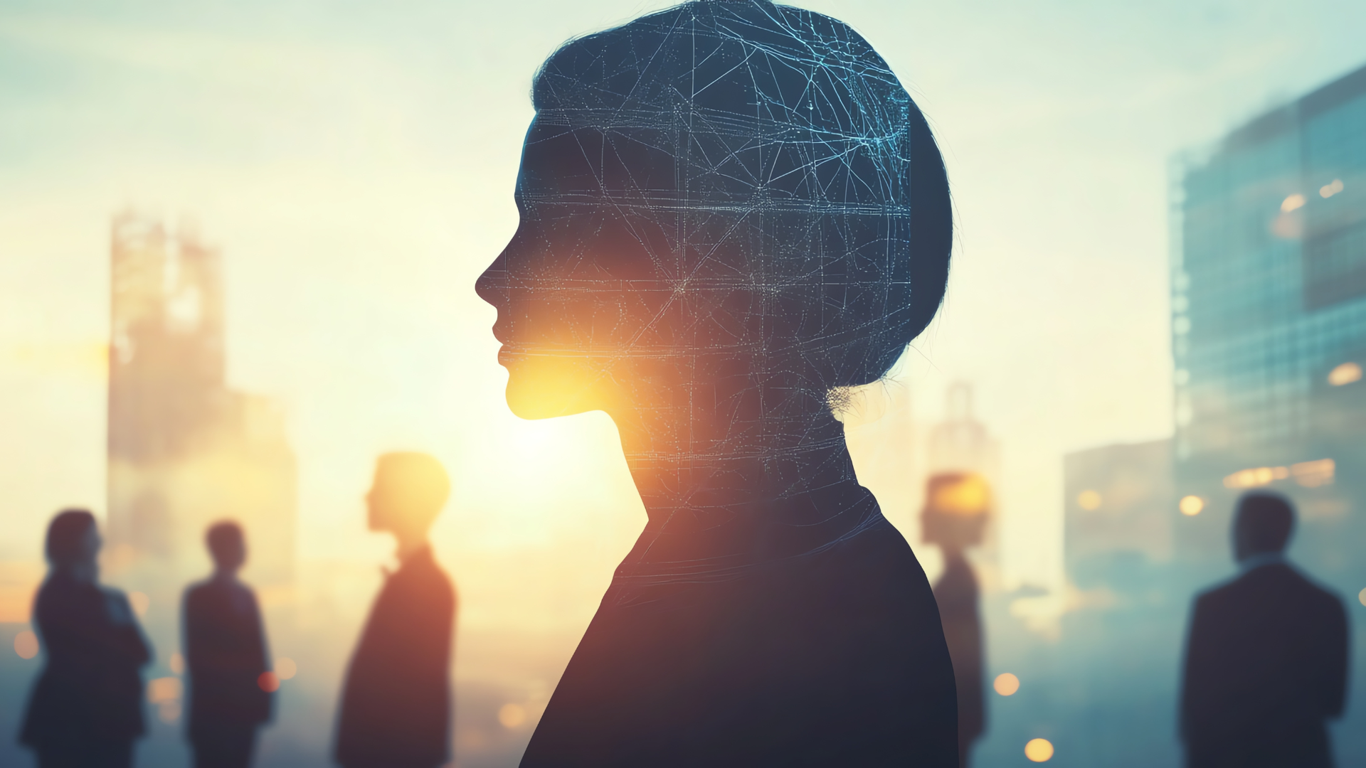 Silhouette of a person with an illustrated brain, with colleagues in a workplace in the background.