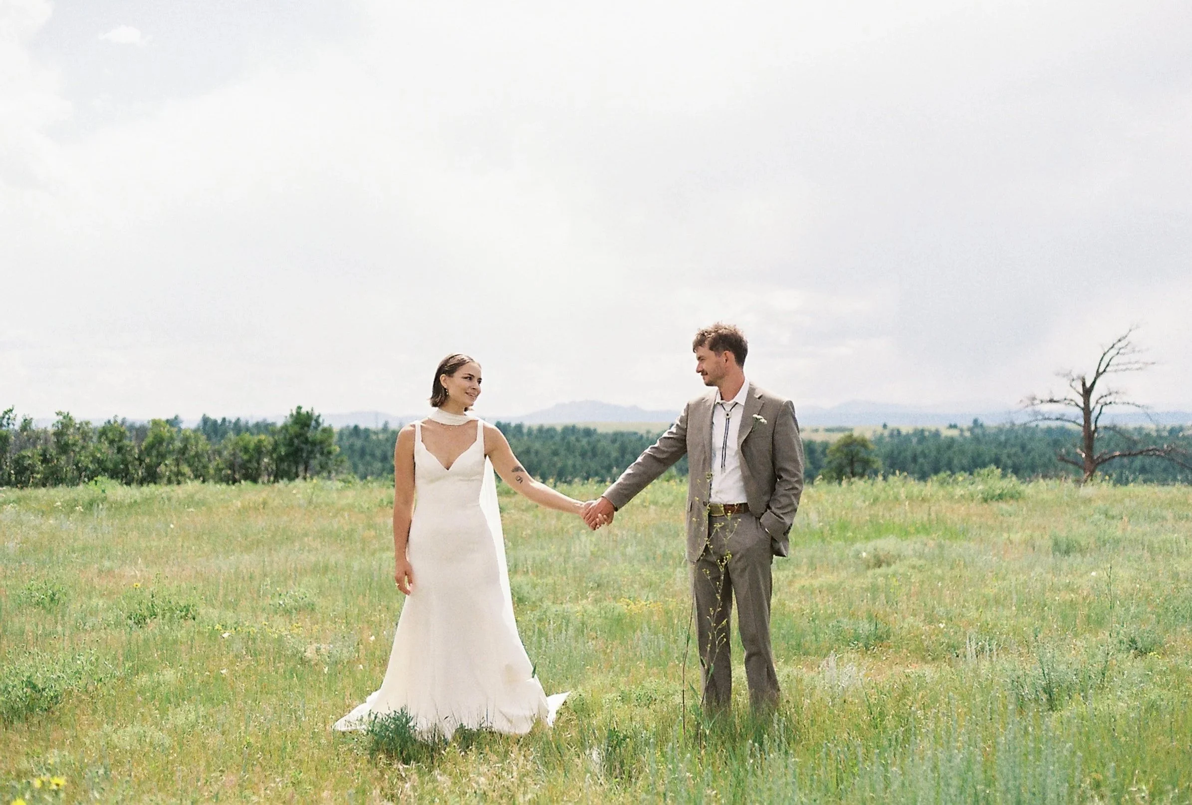 A bride and groom holding hands in a grassy field, facing each other, with a cloudy sky and distant trees in the background.