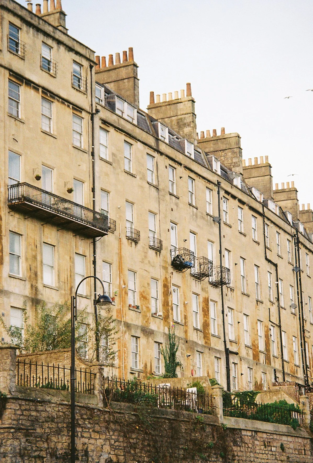 Multiple stories of old brick apartment buildings with small balconies and a stone wall with plants in front, under a clear sky.