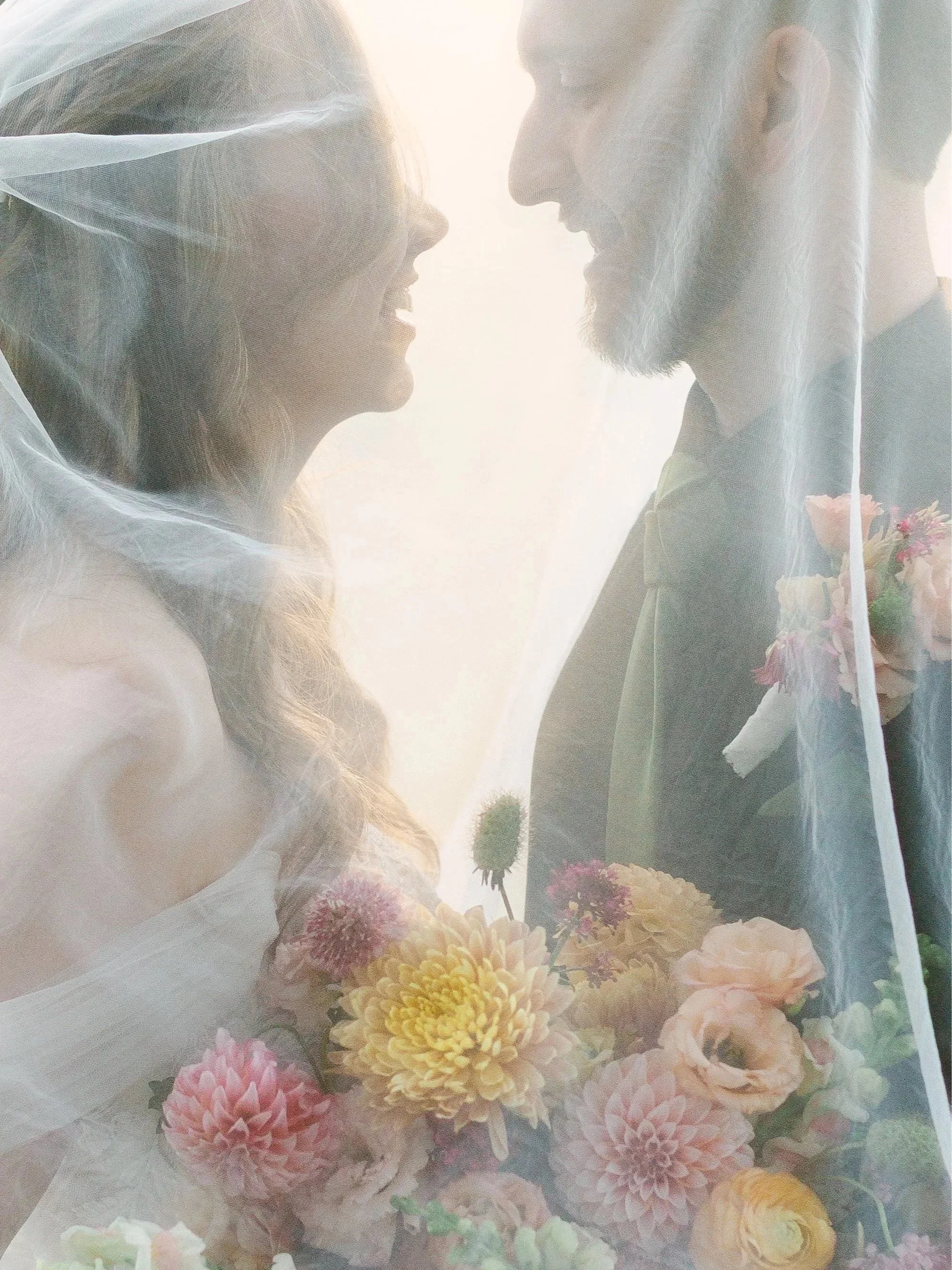 A bride and groom under the veil portrait. Timeless, chic, editorial portrait at golden hour at Chatfield Farms in Littleton, Colorado.