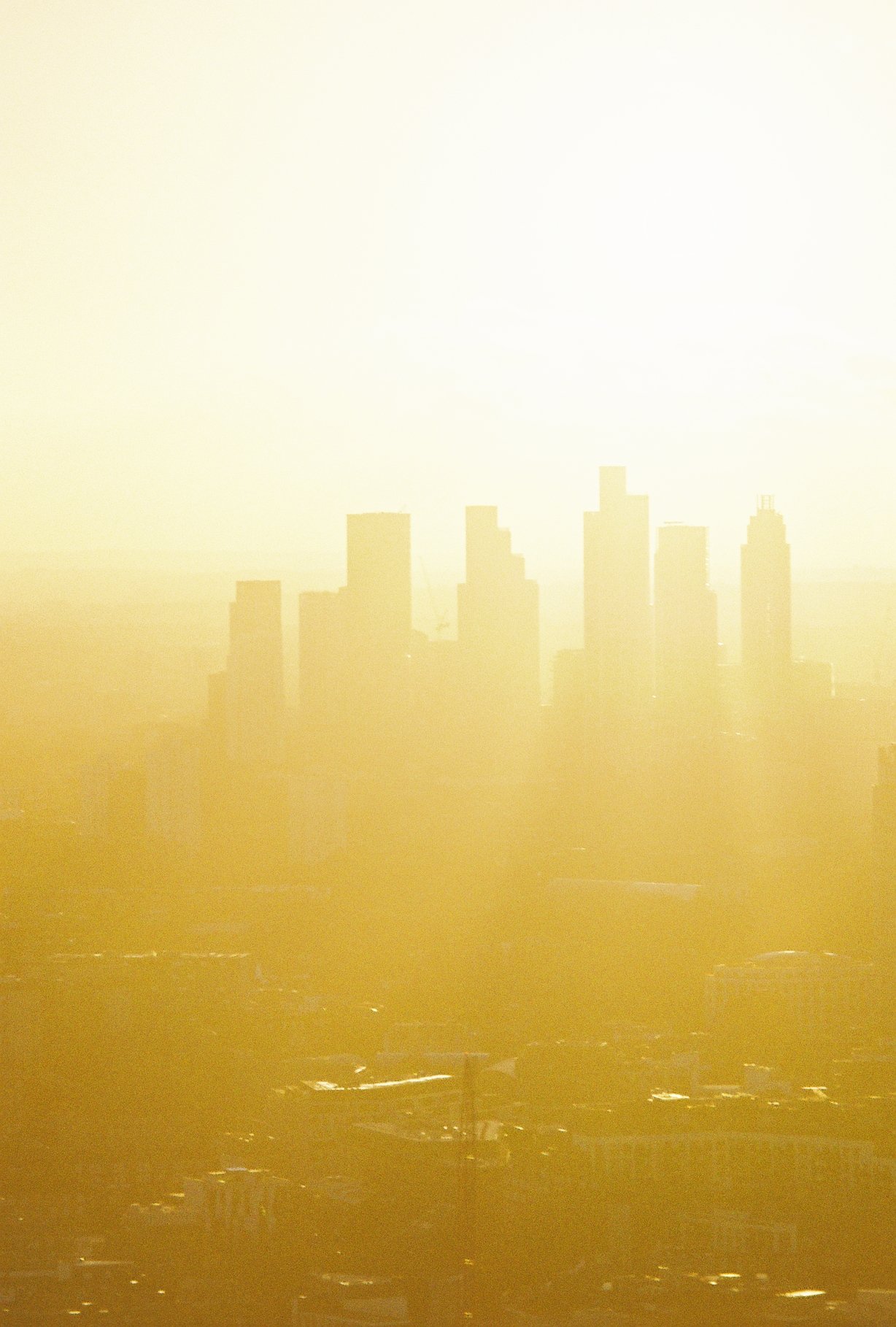 The City of London. London, England. UK Wedding Photographer. City skyline with high-rise buildings during sunset or sunrise, bathed in golden light.