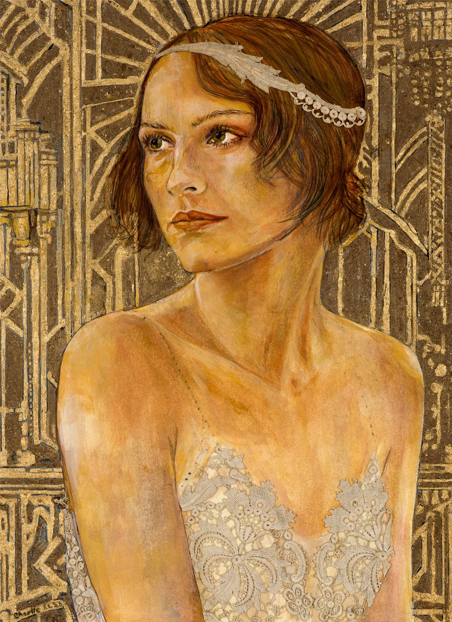 Moonlight Gin, Mixed Media, Gold Leaf Acrylic, Colored Pencil and Collage, 21x15.25%22, 2026, Charlie Emmert Lasansky.jpg