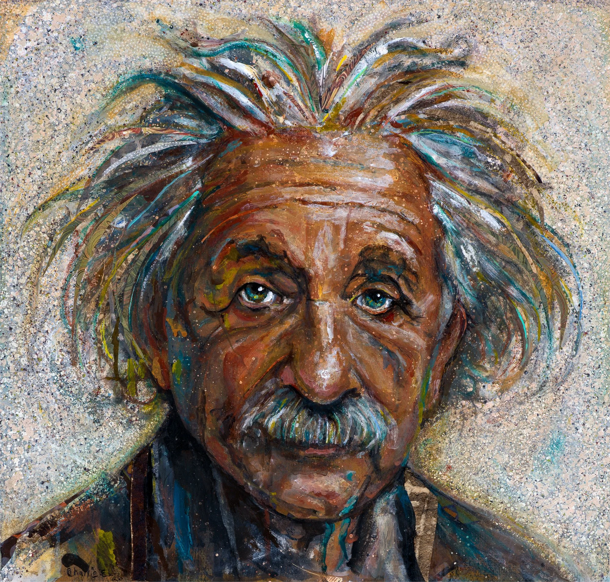 Einstein, Mixed Media Acrylic, Collage and Splatter, 16.5x17.25", 2026