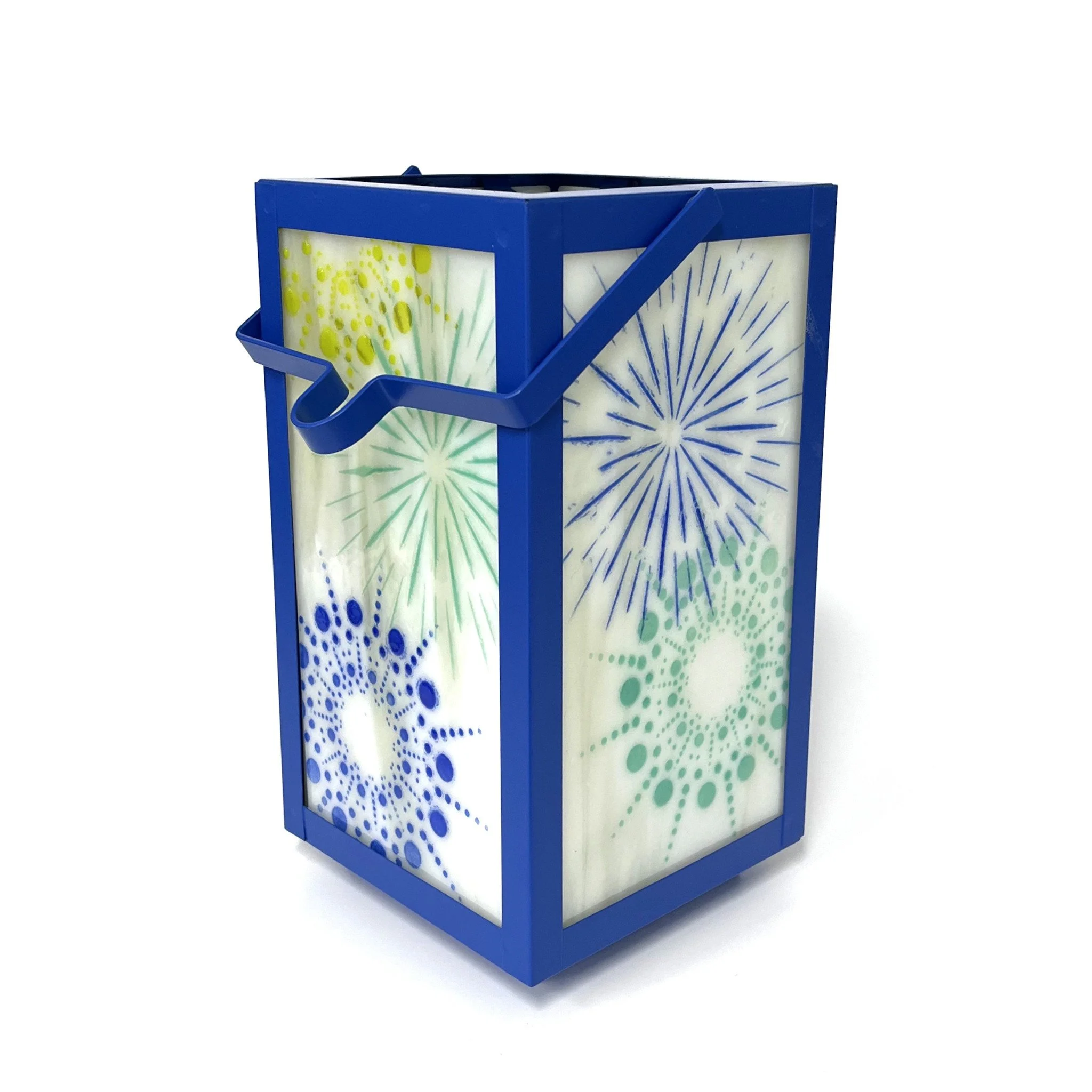 Blue & Green Bursts Lantern 10.5" tall