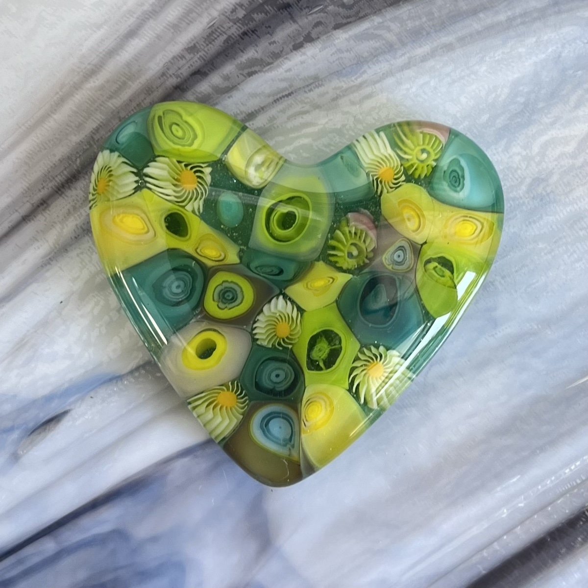 Lime & Teal Blooms Cast Glass Heart 2"
