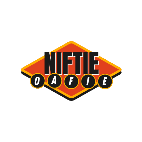 NASCAR race logo with the text 'NIFTY OAFIE' on a black background, featuring a checkered flag pattern.