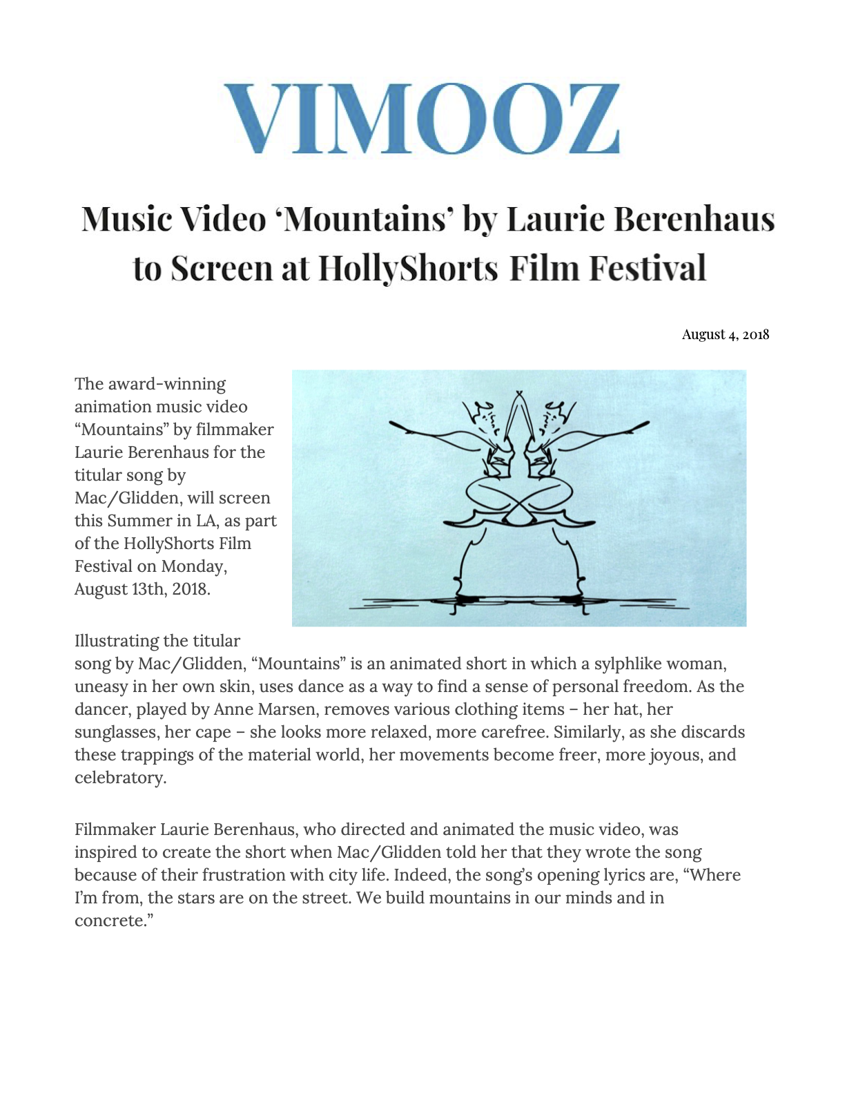 Music Video 'Mountains' by Laurie Berenhaus to Screen at Holllyshorts Film Festival, August 2018