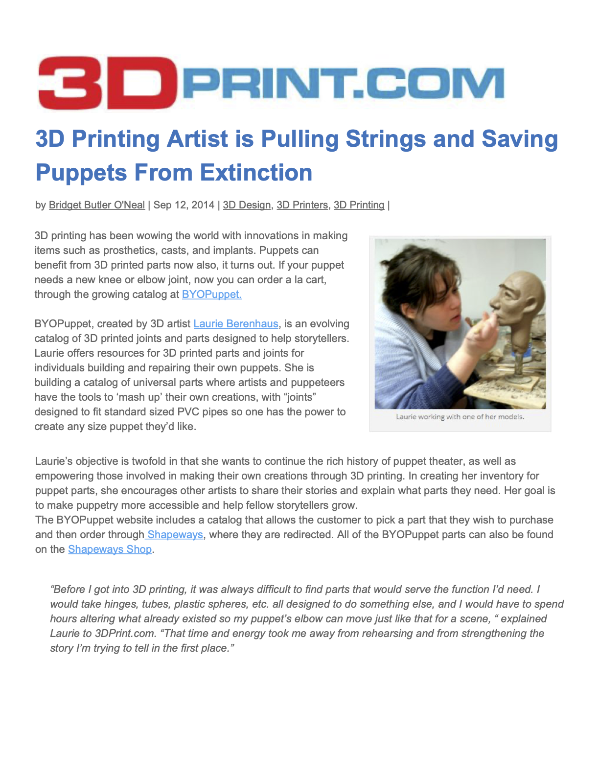 Bridget O'Neil, 3D Printing Artist is Pulling Strings & Saving Puppetry from Extinction, 2014