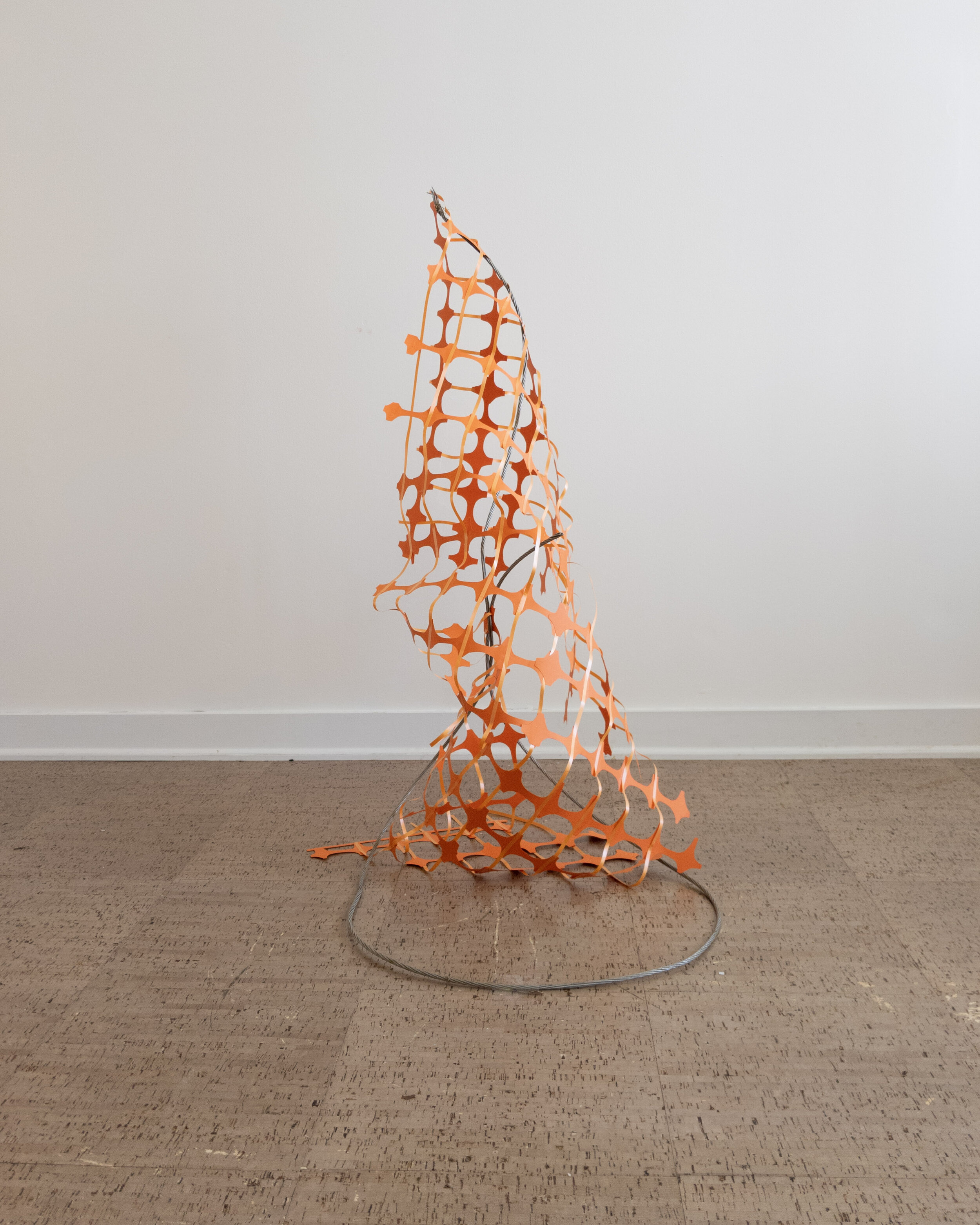   Caught Fence ,  paper, gift ribbon, and found cable, 20x40” Dimensions Variable,2020   