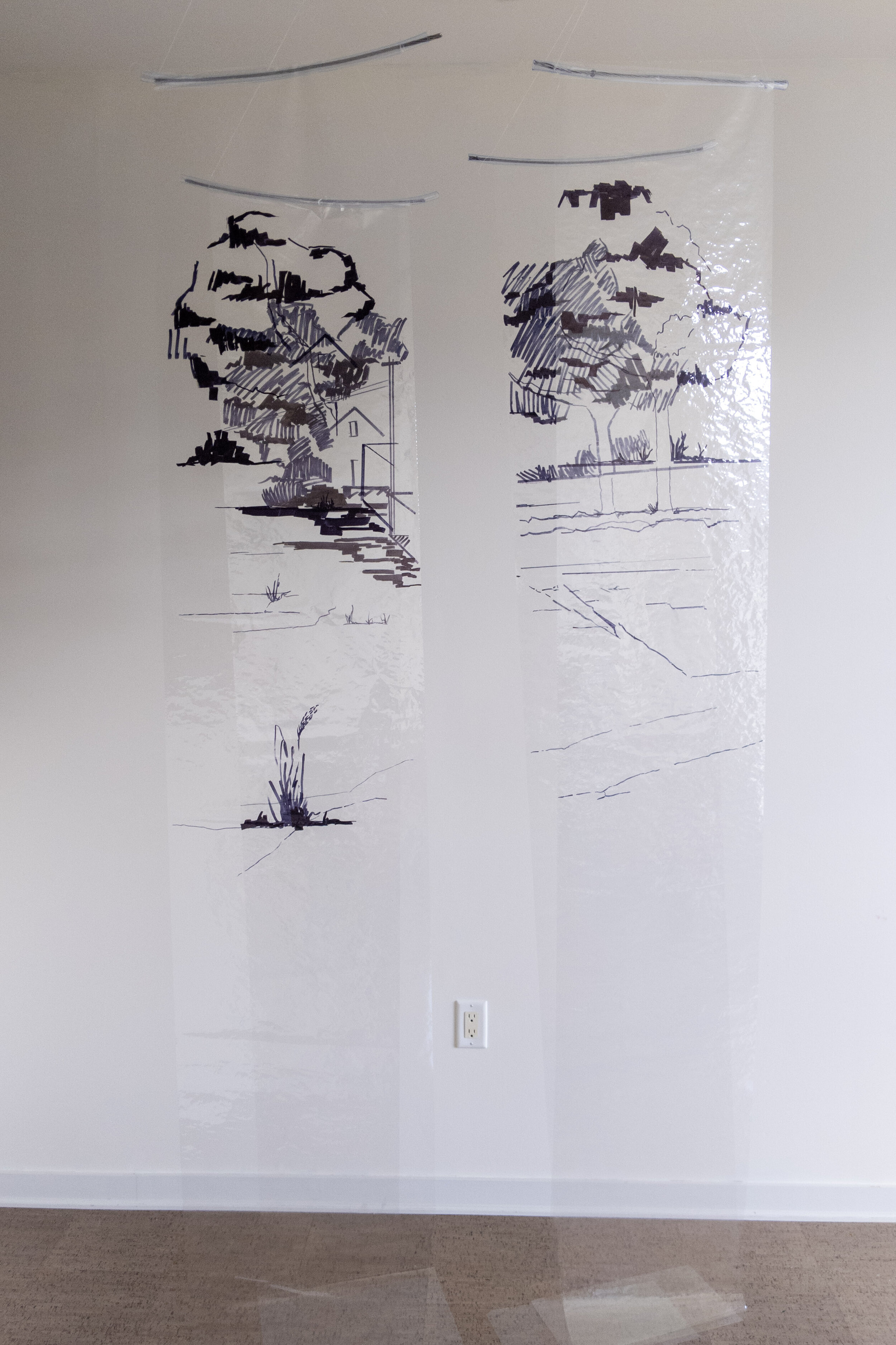   Shifting Space,  Marker on cellophane, cable, and clear PVC tubing, 8’ 2020   
