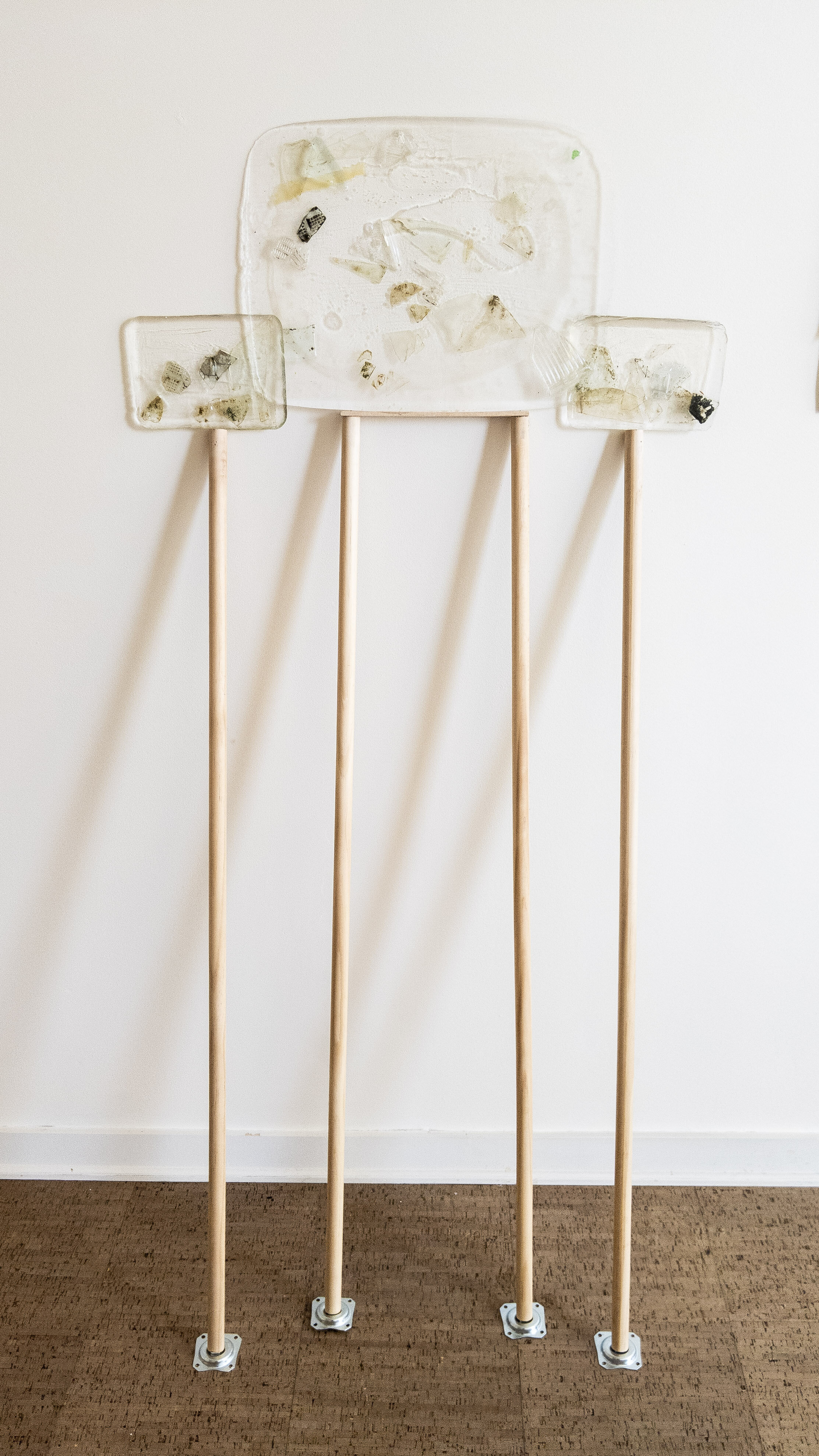   Shimmer Stroll , Mixed media, Found glass, epoxy resin,  4’ wooden dowel rods, and angled mounting plates  29’x61’’ 2020   