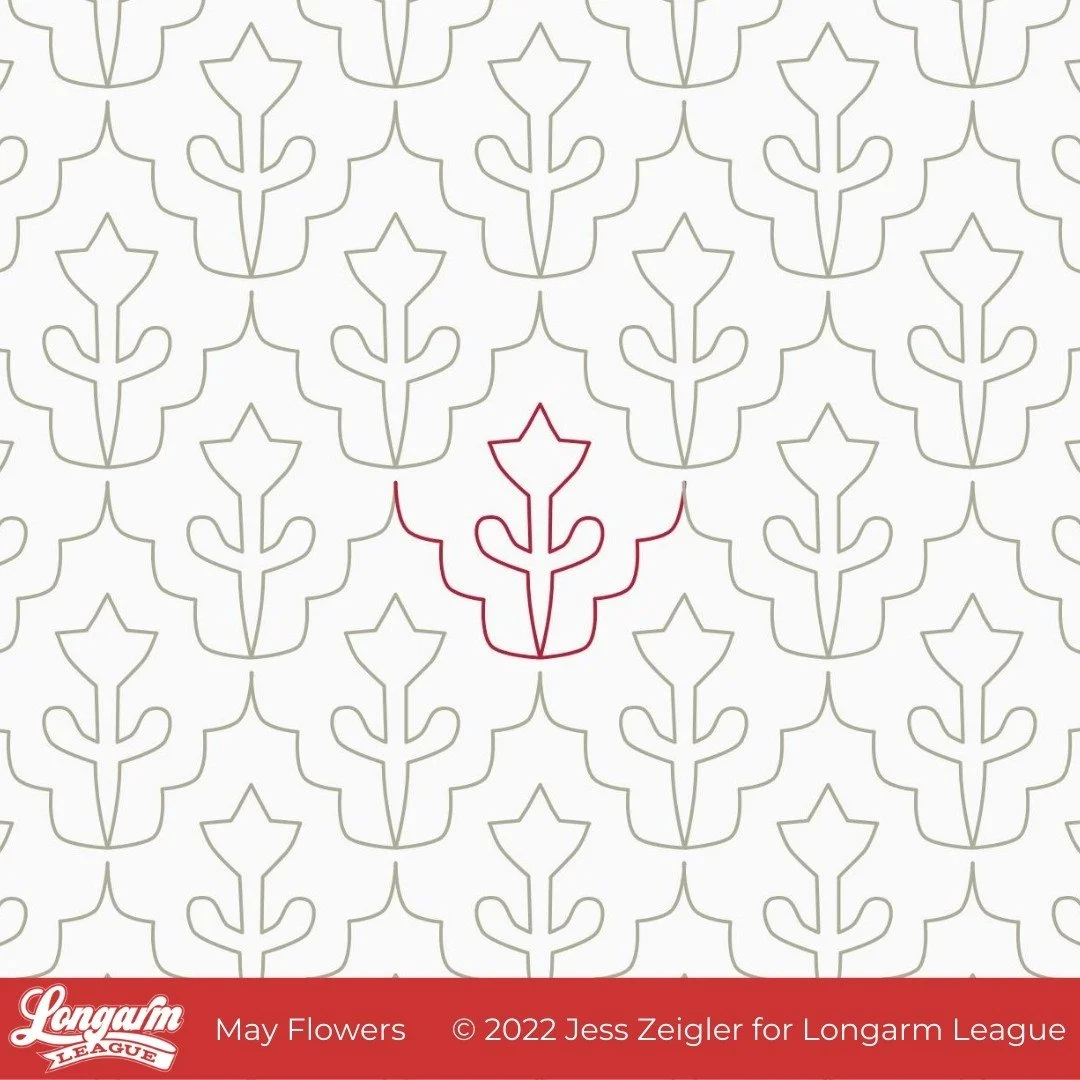 A repeating pattern of stylized flowers on a white background, with one flower outlined in red in the center.
