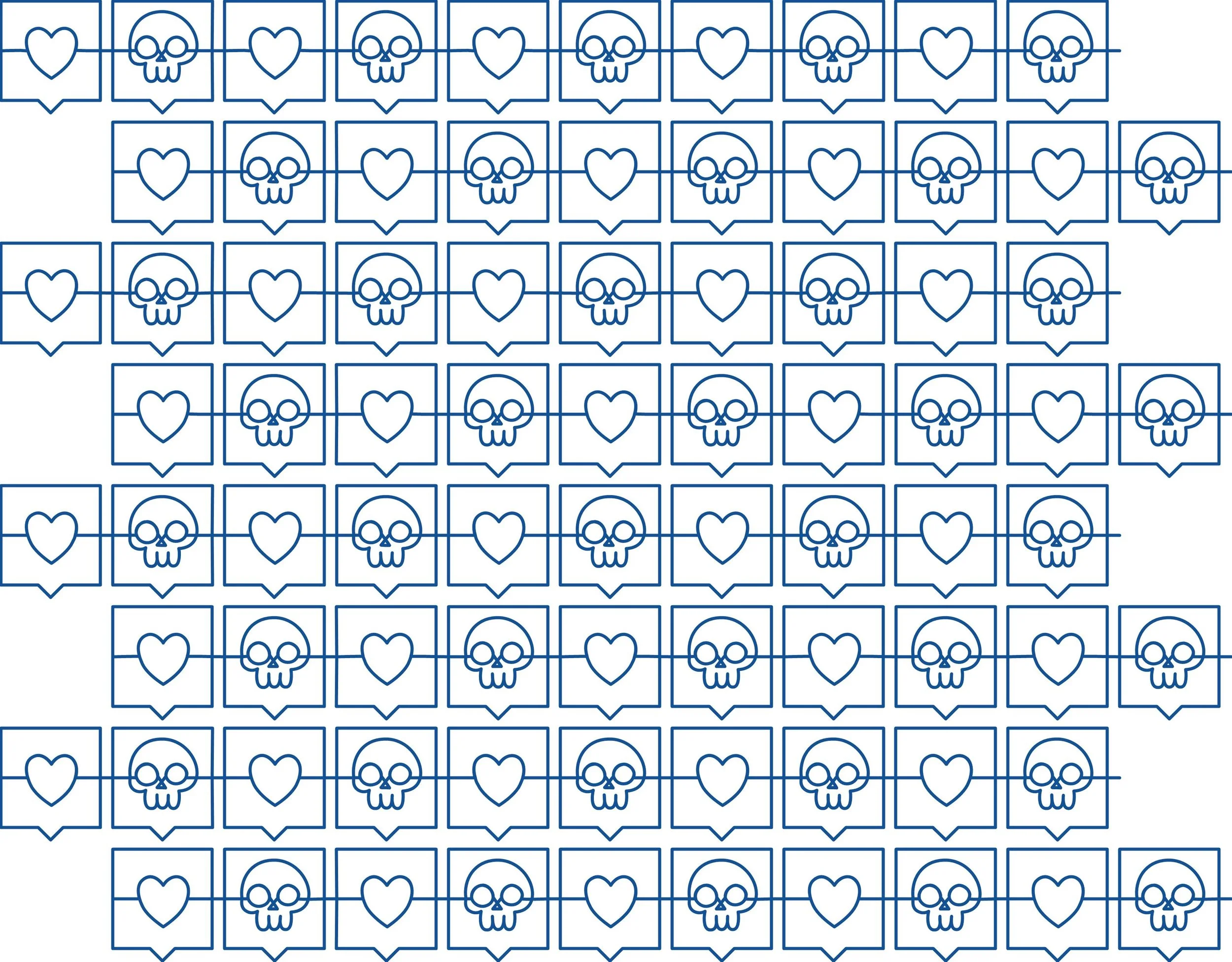 Repeating pattern of blue outline hearts and skulls in speech bubbles on a white background.