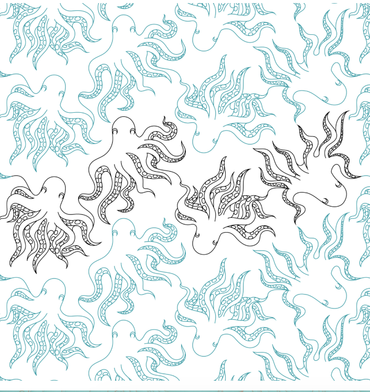 A repeating pattern of octopuses and whales in black, white, and blue on a white background.