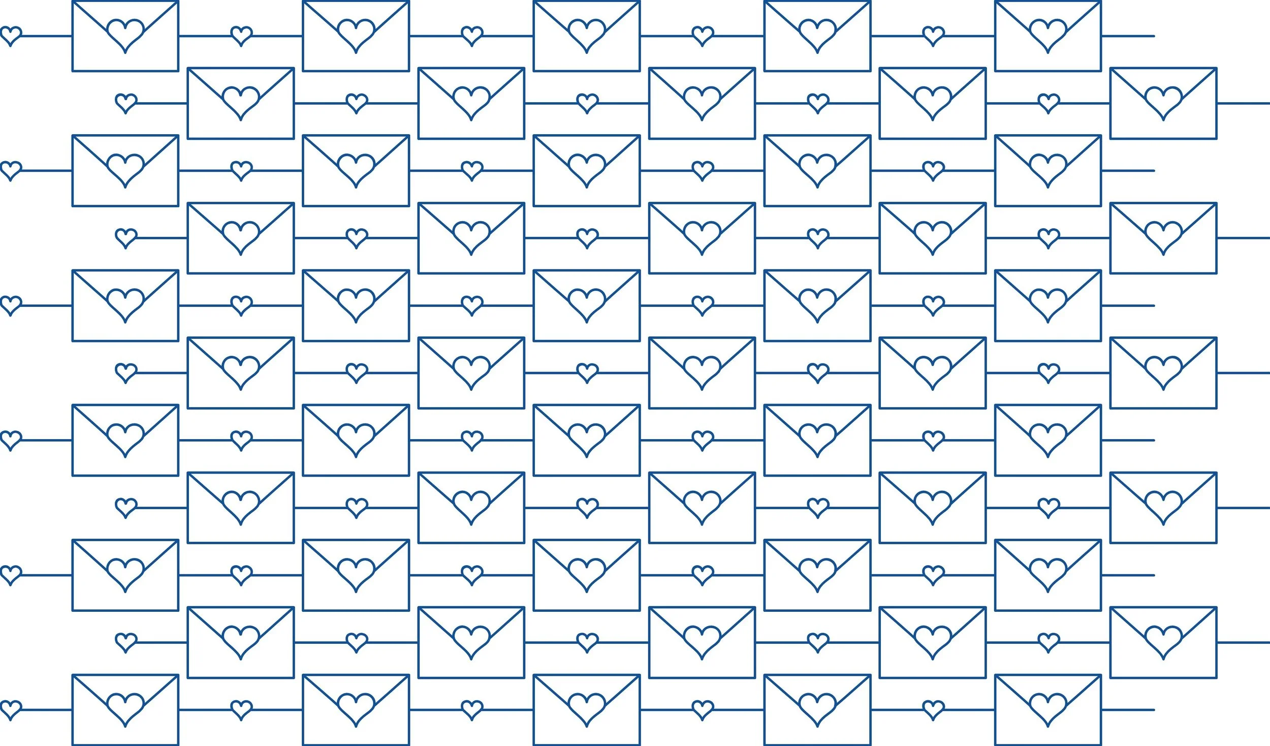 Pattern of blue outlined envelopes with heart seals and small hearts on lines.