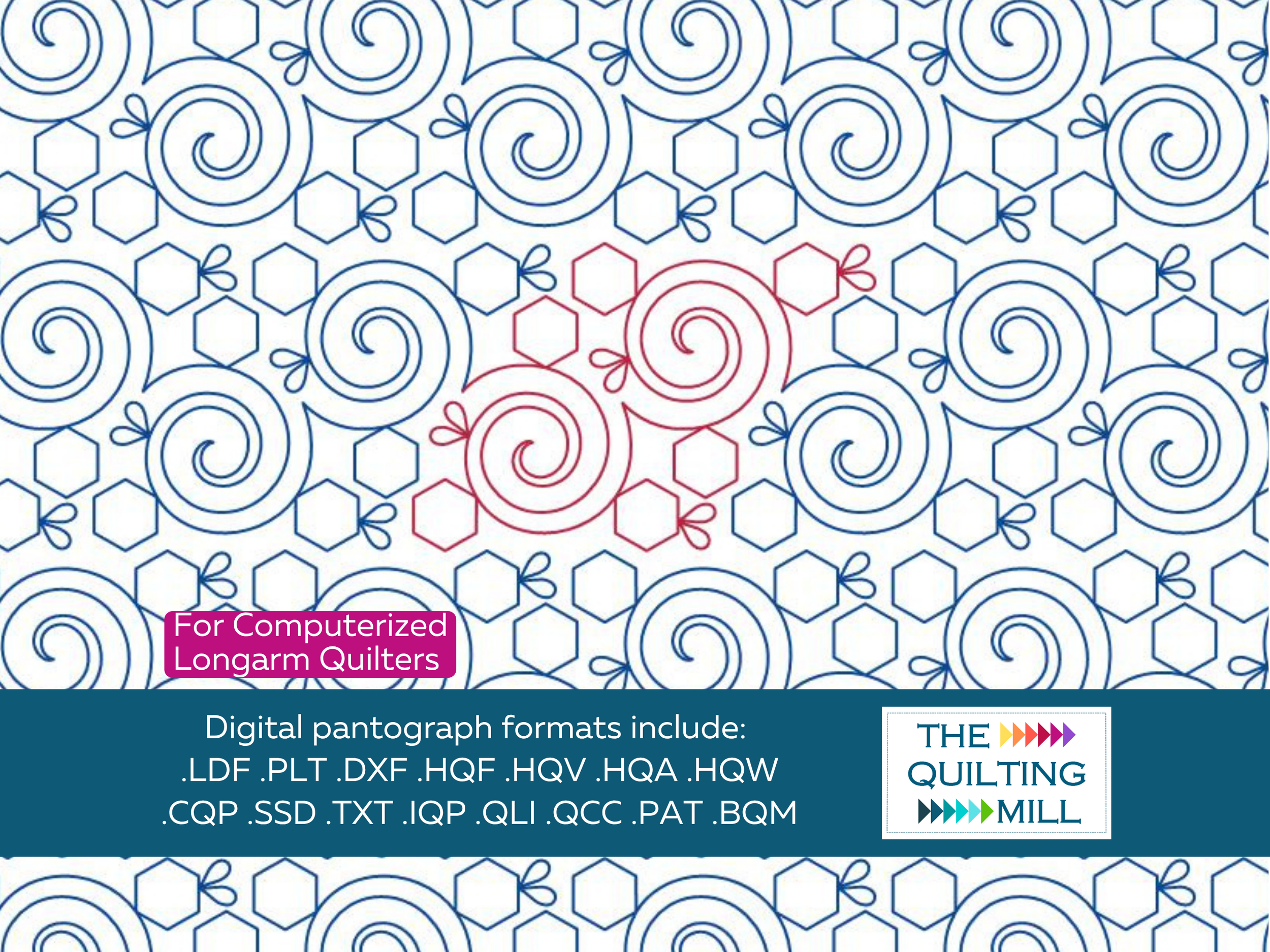 Pattern of geometric shapes including swirls, hexagons, and bumblebees in blue and red lines.