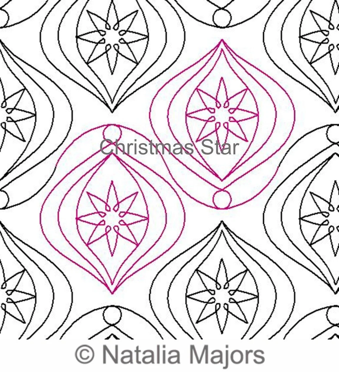 Pattern of Christmas star ornaments in black and purple outlines, with text "Christmas Star" and © Natalia Majors.