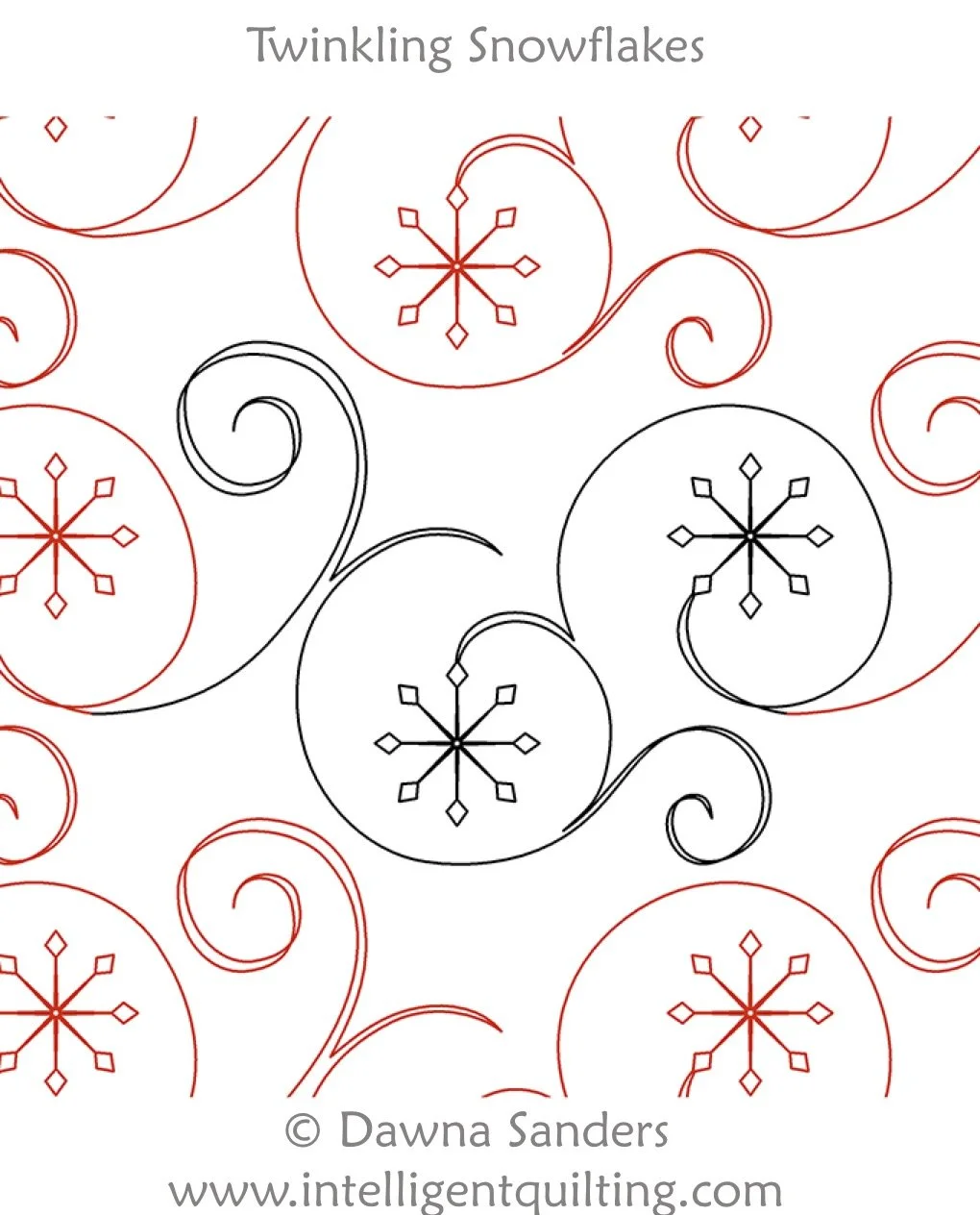 Pattern of red and black snowflakes with swirling lines and circles on a white background, titled "Twinkling Snowflakes".