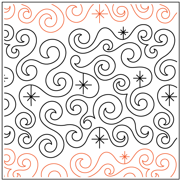 A pattern of swirling lines and snowflake-like shapes, with black and orange colors, arranged in a decorative, repetitive design.