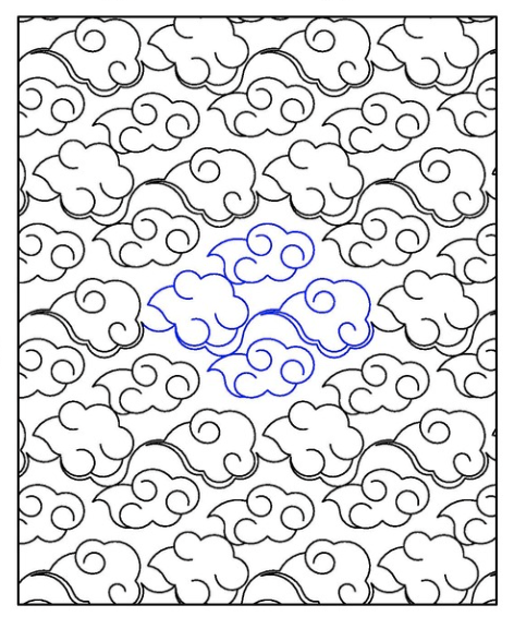 A coloring page featuring repeated cloud patterns with a central cluster of clouds outlined in blue.