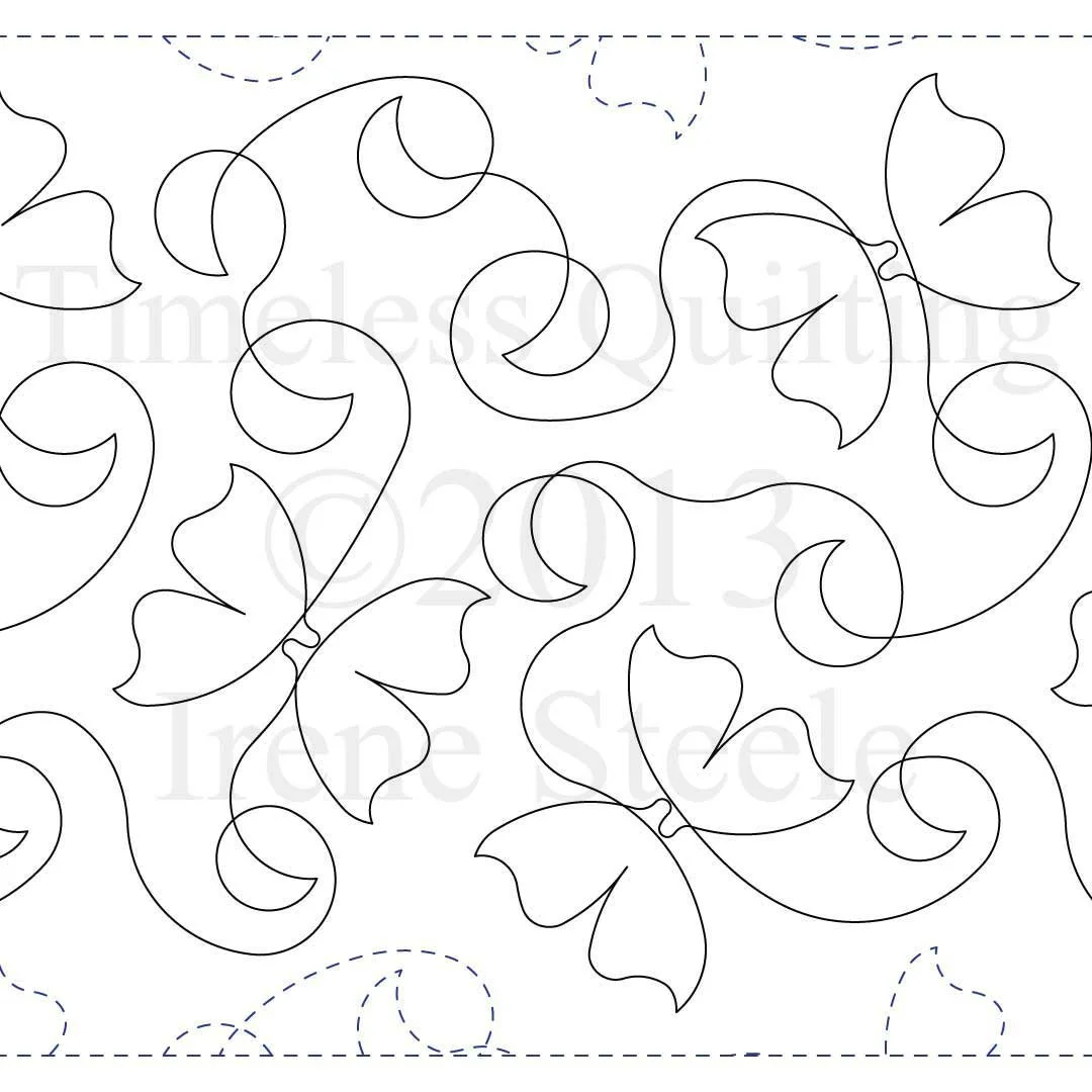 A black and white line drawing of a floral pattern with swirling vines, leaves, and decorative elements.