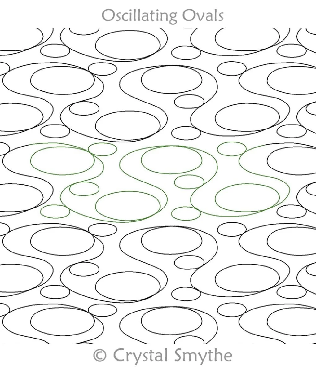 A coloring page titled 'Oscillating Ovals' featuring numerous overlapping ovals in black outlines, with some ovals highlighted in green outlines, created by Crystal Smythe.
