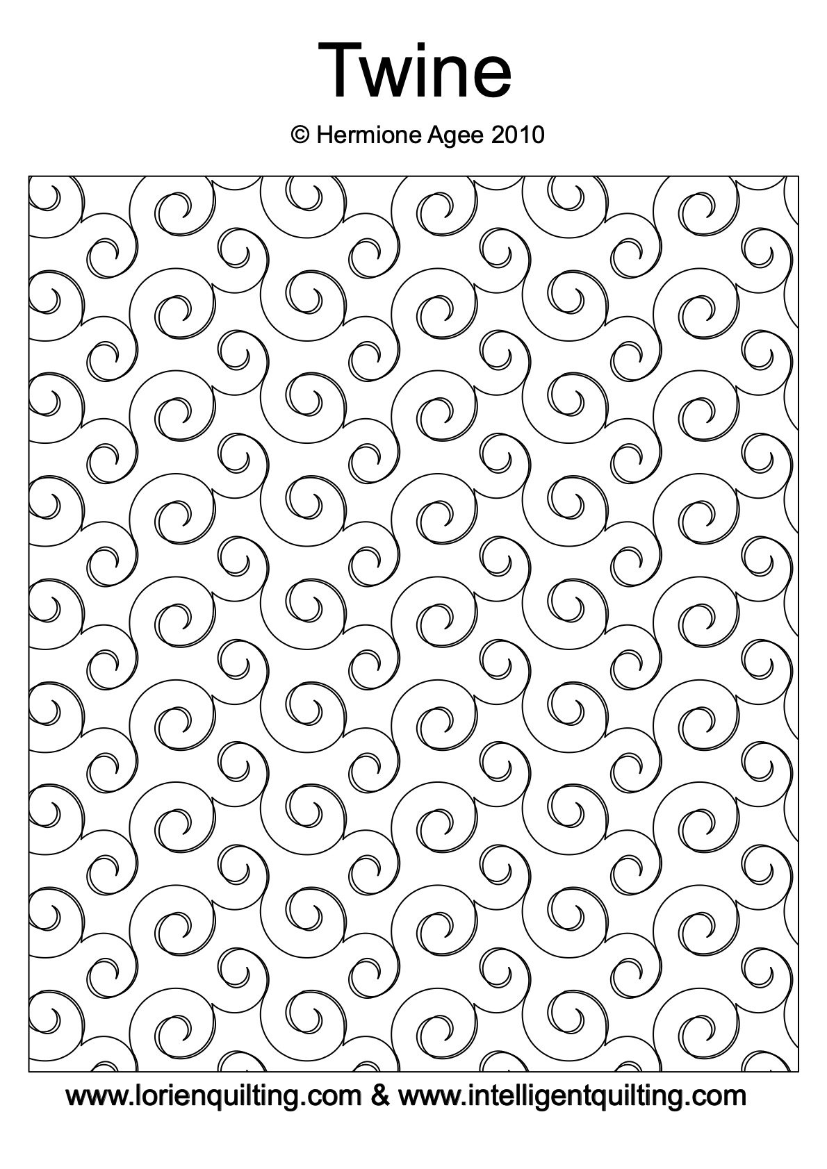 Outline of a quilting pattern called Twine, with swirling lines forming interconnected spirals.