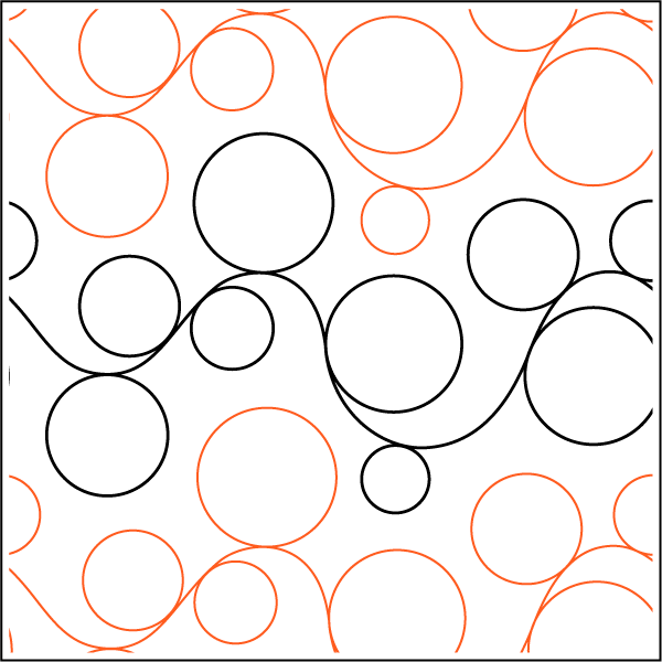 Abstract pattern of black and red circles and curved lines on a white background.