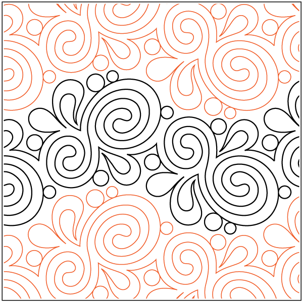 A repeating pattern of swirling floral designs in black and orange colors on a white background.